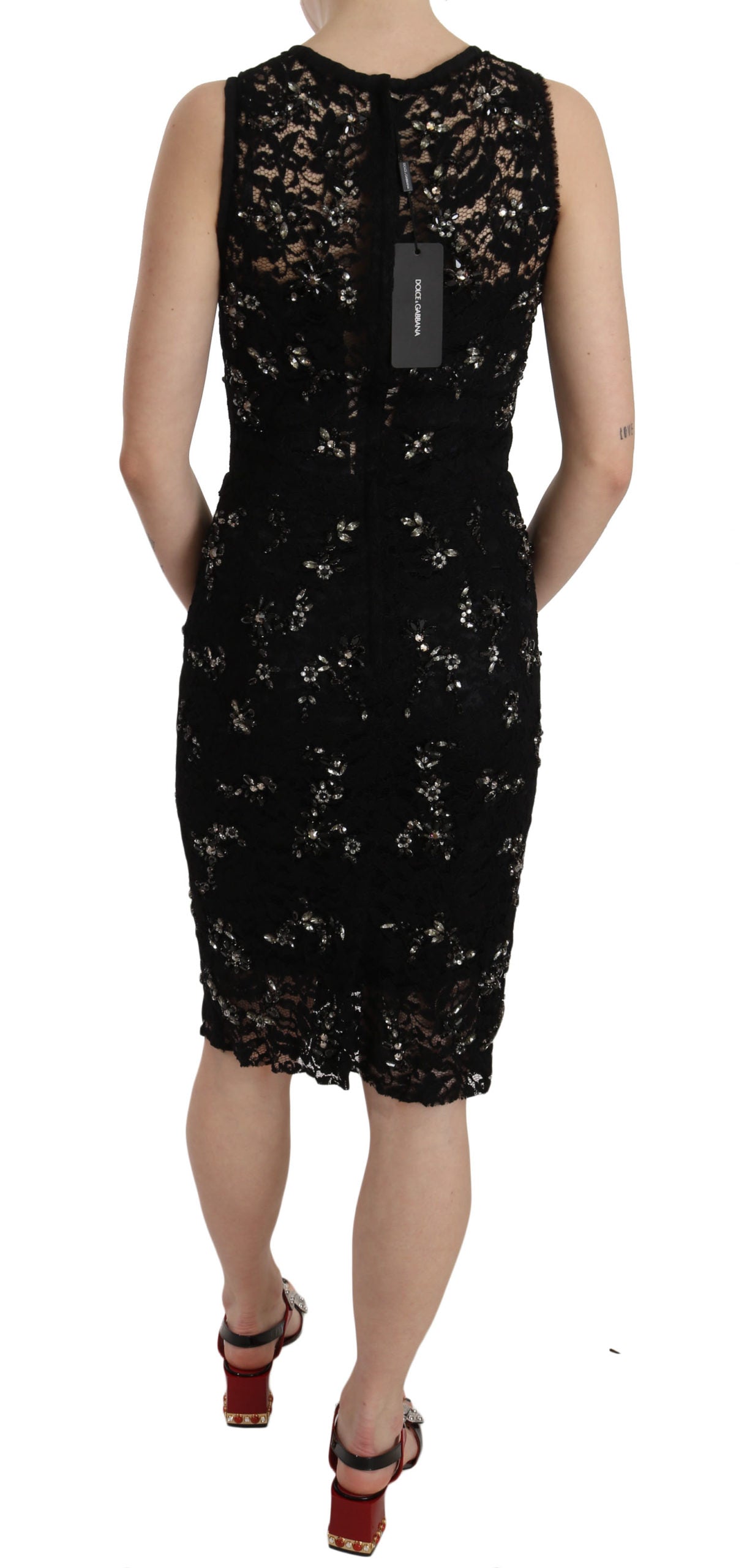 Dolce & Gabbana Black Floral Lace Crystal Sheath Dress