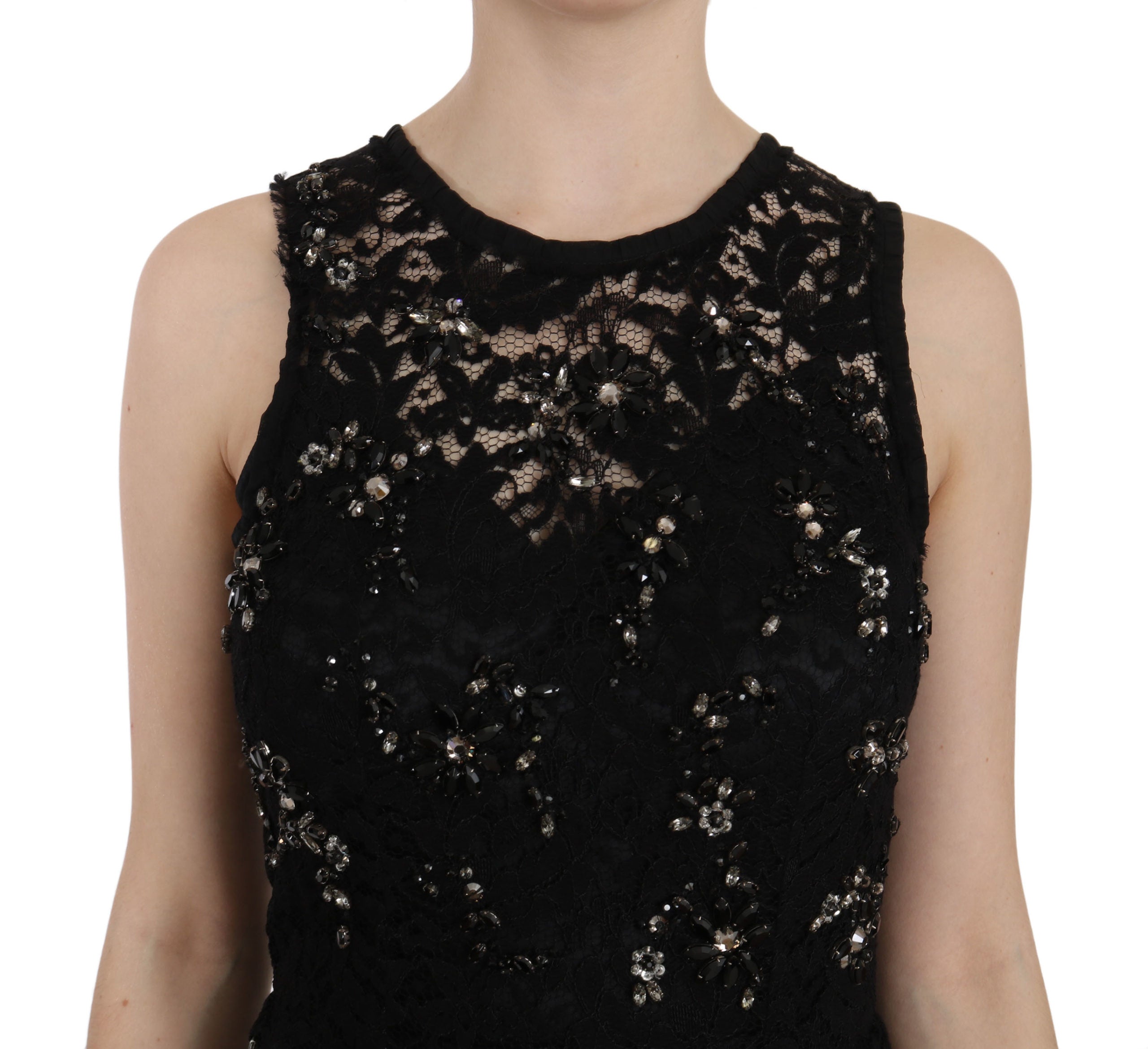 Dolce & Gabbana Black Floral Lace Crystal Sheath Dress