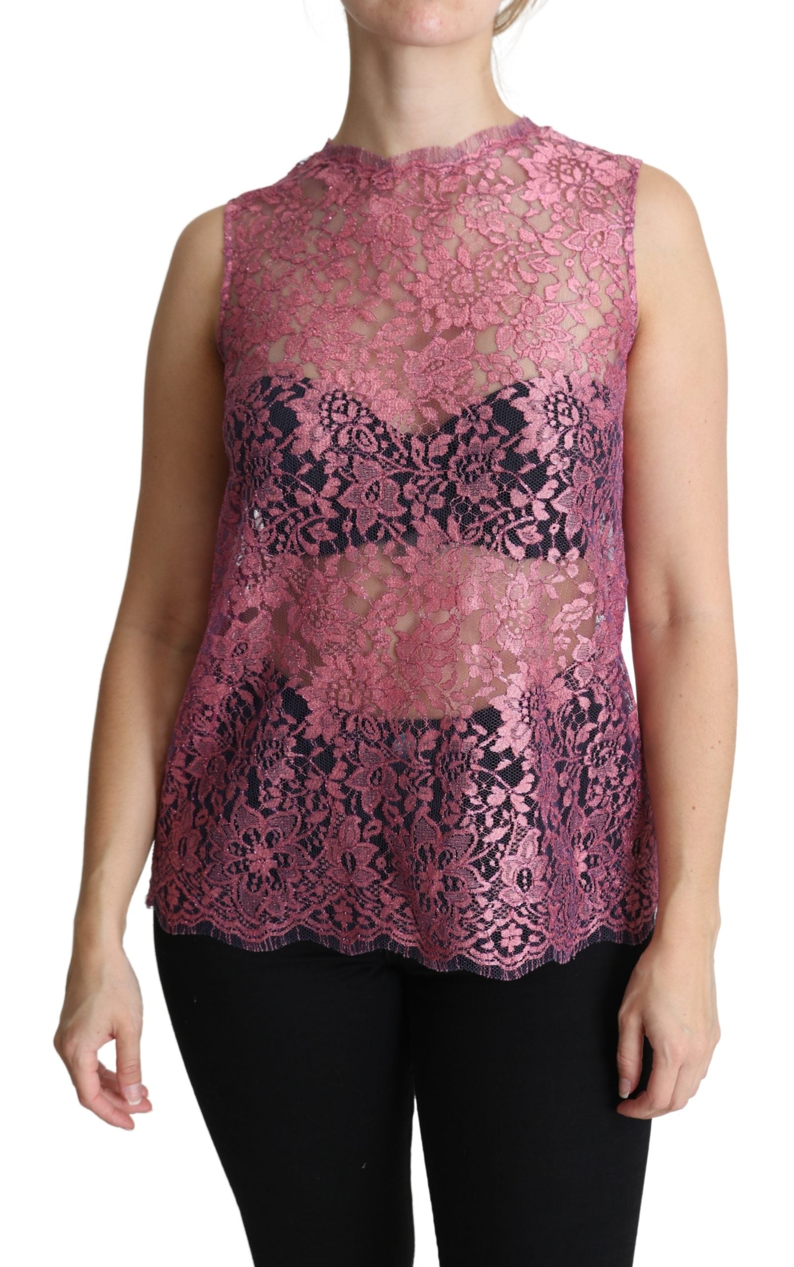 Dolce & Gabbana Pink Floral Taormina Lace Top Blouse