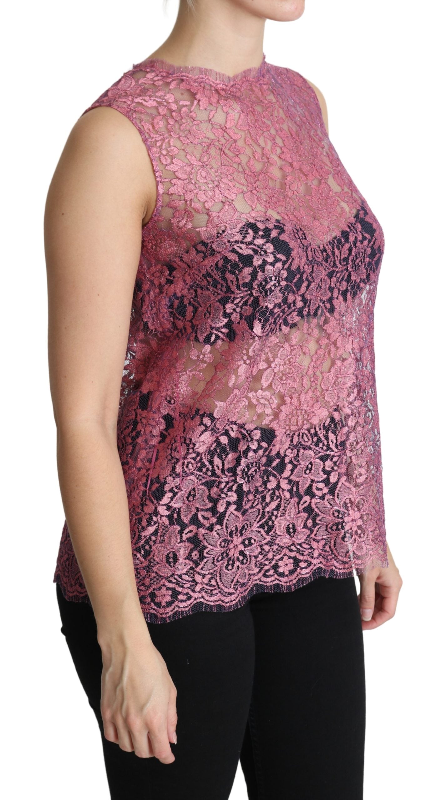 Dolce & Gabbana Pink Floral Taormina Lace Top Blouse