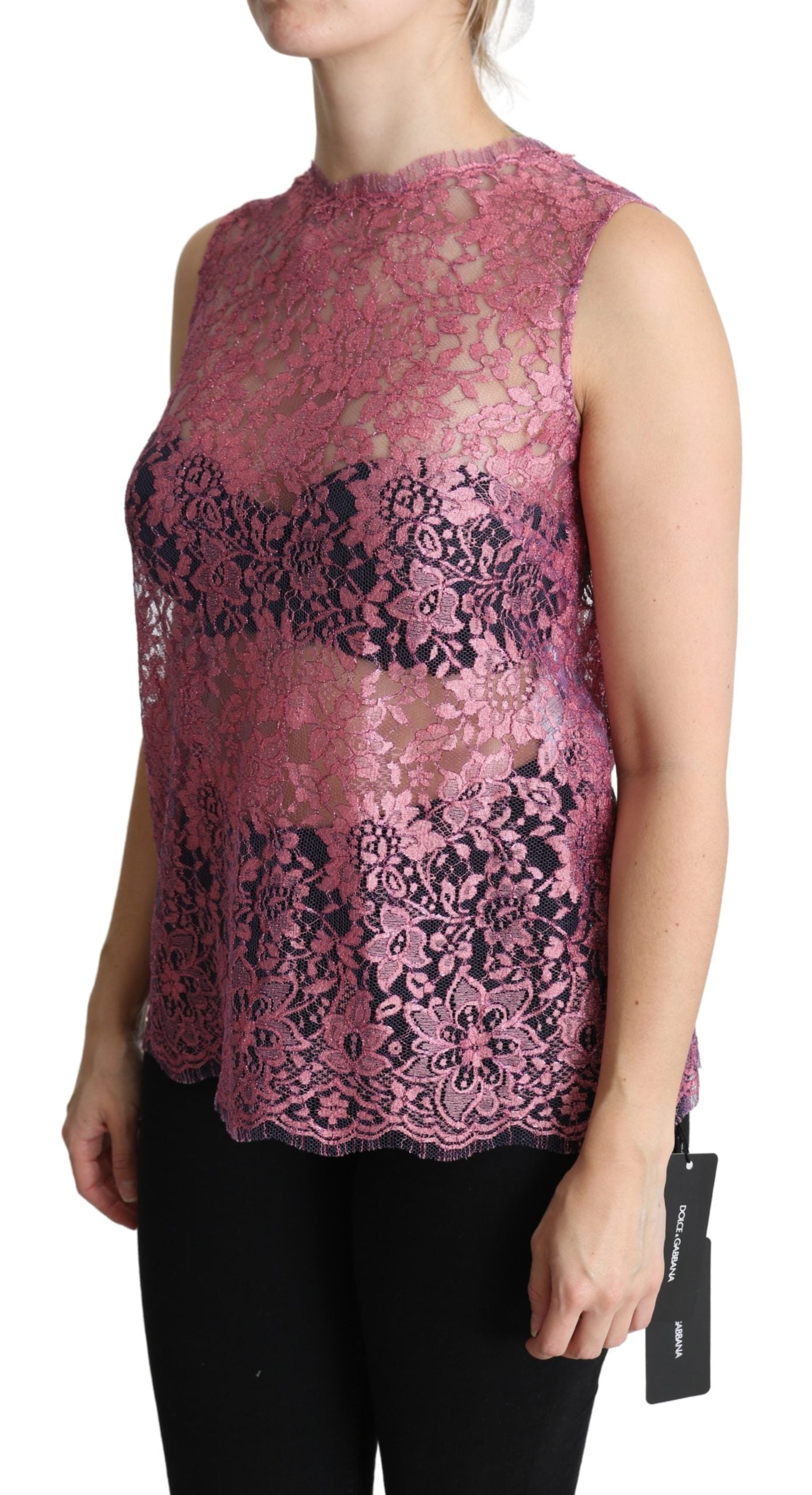 Dolce & Gabbana Pink Floral Taormina Lace Top Blouse