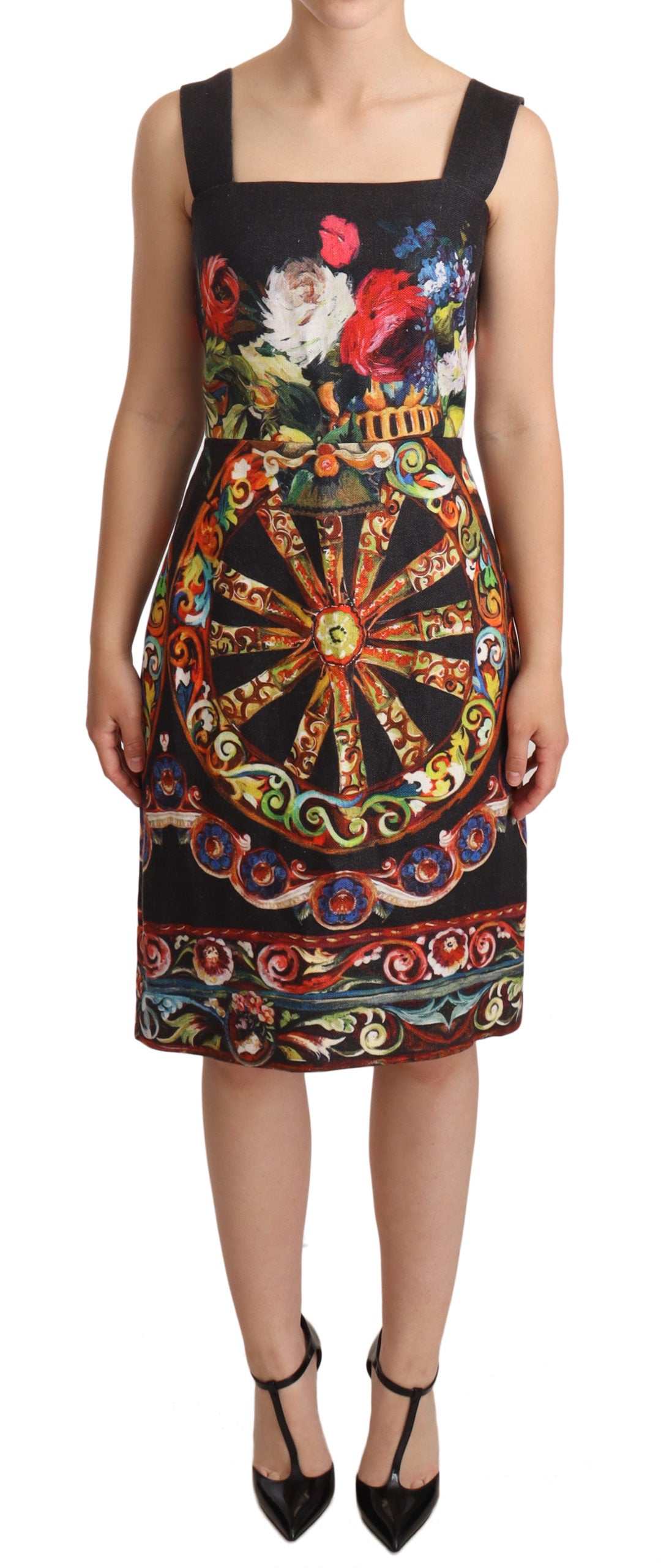 Dolce & Gabbana Black Floral Print Sheath Square Neck Dress