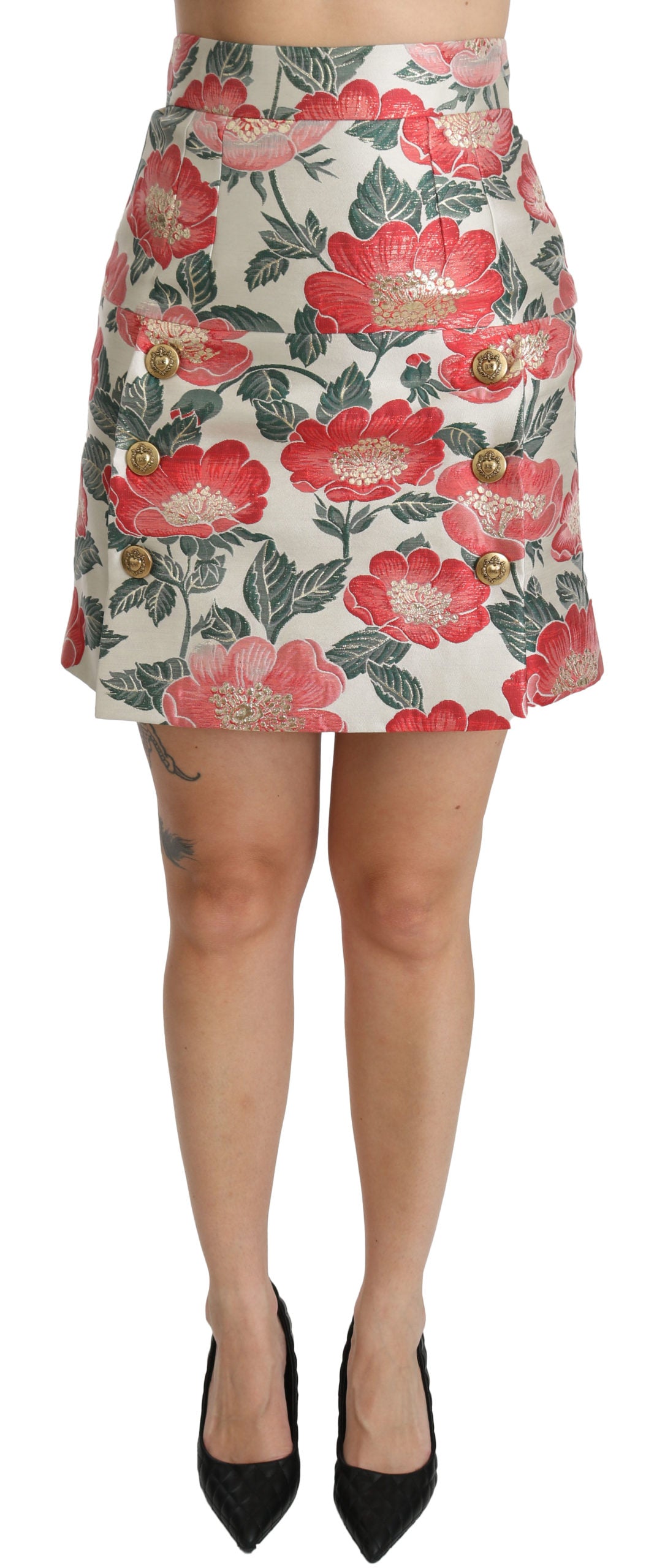 Dolce & Gabbana White Green Red Floral High Waist Mini Skirt