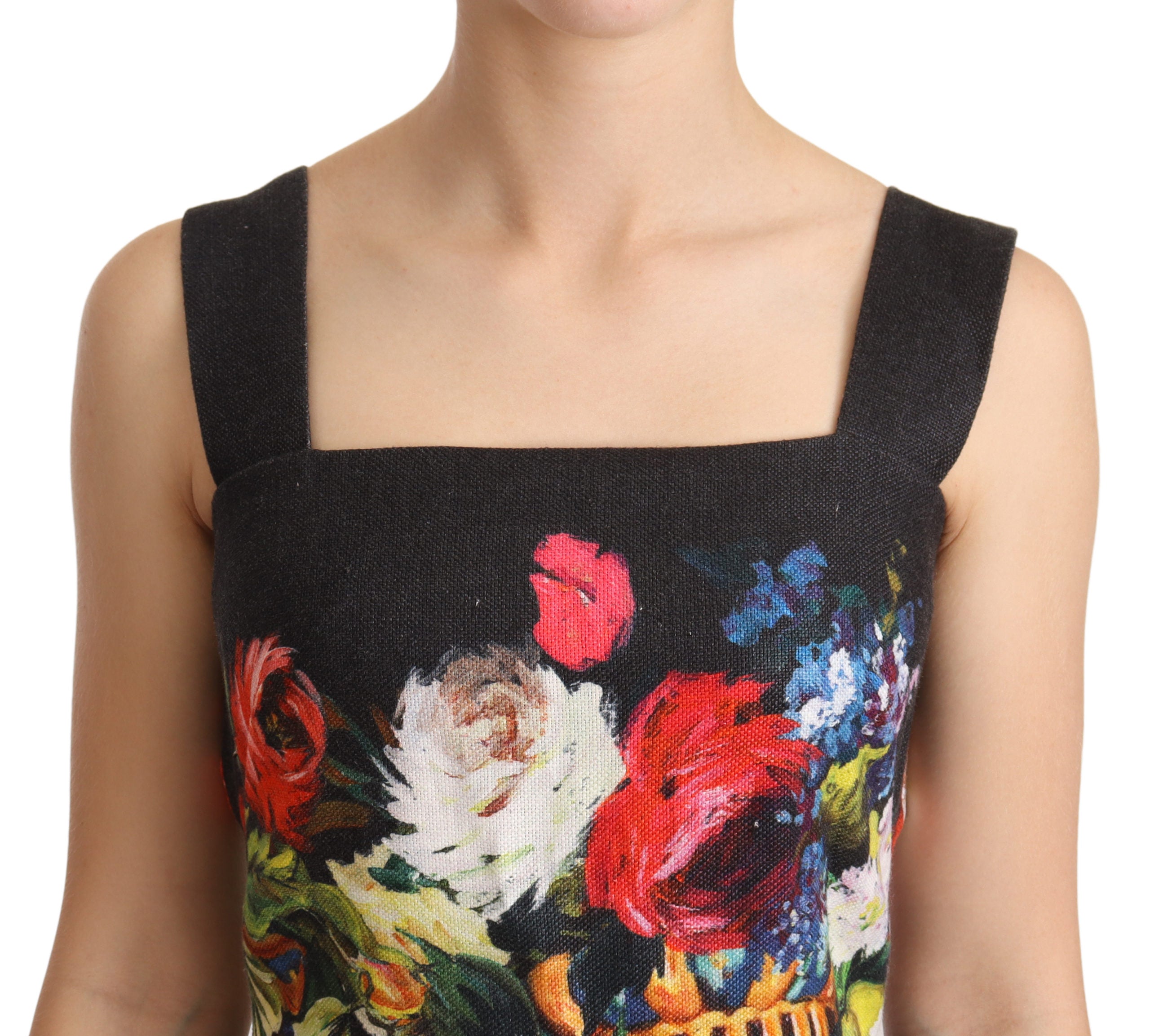 Dolce & Gabbana Black Floral Print Sheath Square Neck Dress