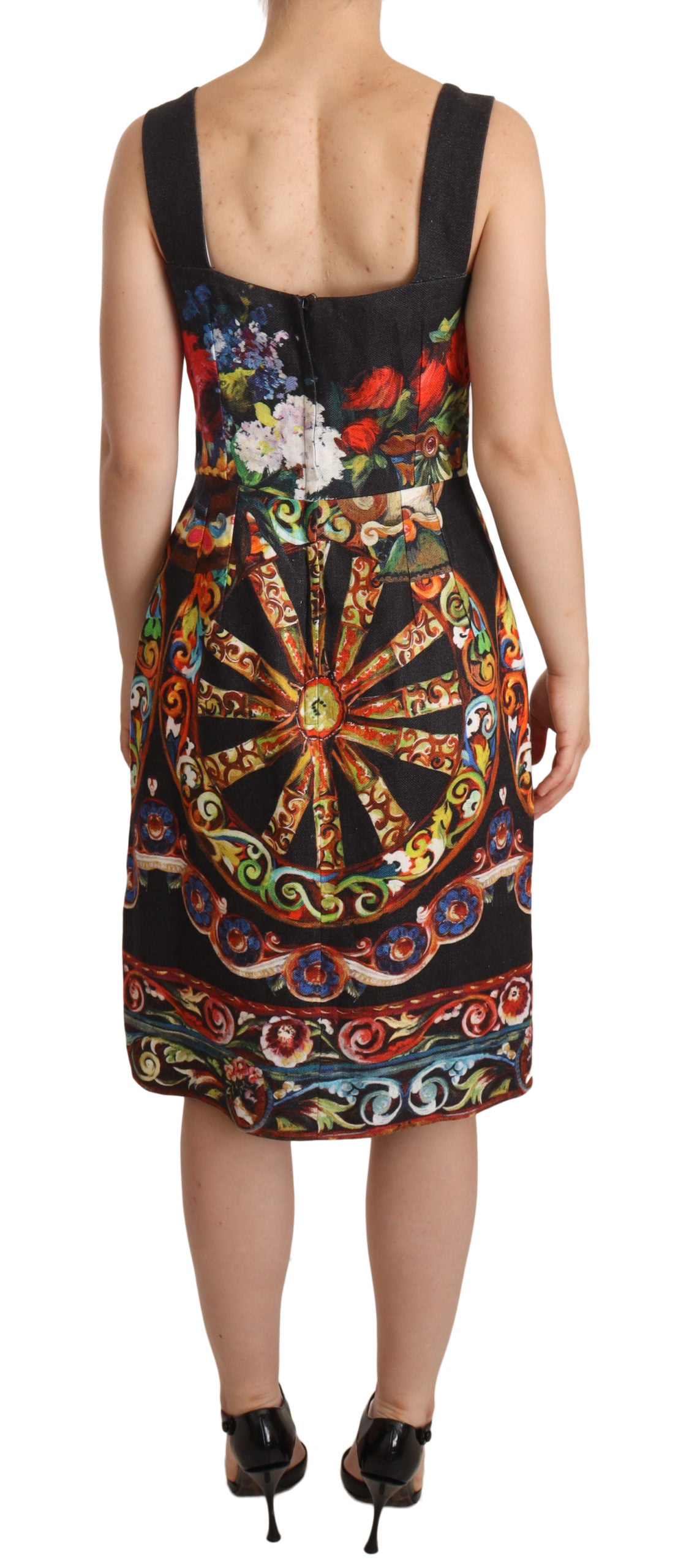 Dolce & Gabbana Black Floral Print Sheath Square Neck Dress