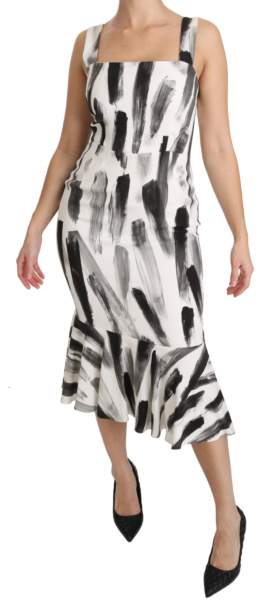 Dolce & Gabbana White Black Printed Sheath Midi Viscose Dress