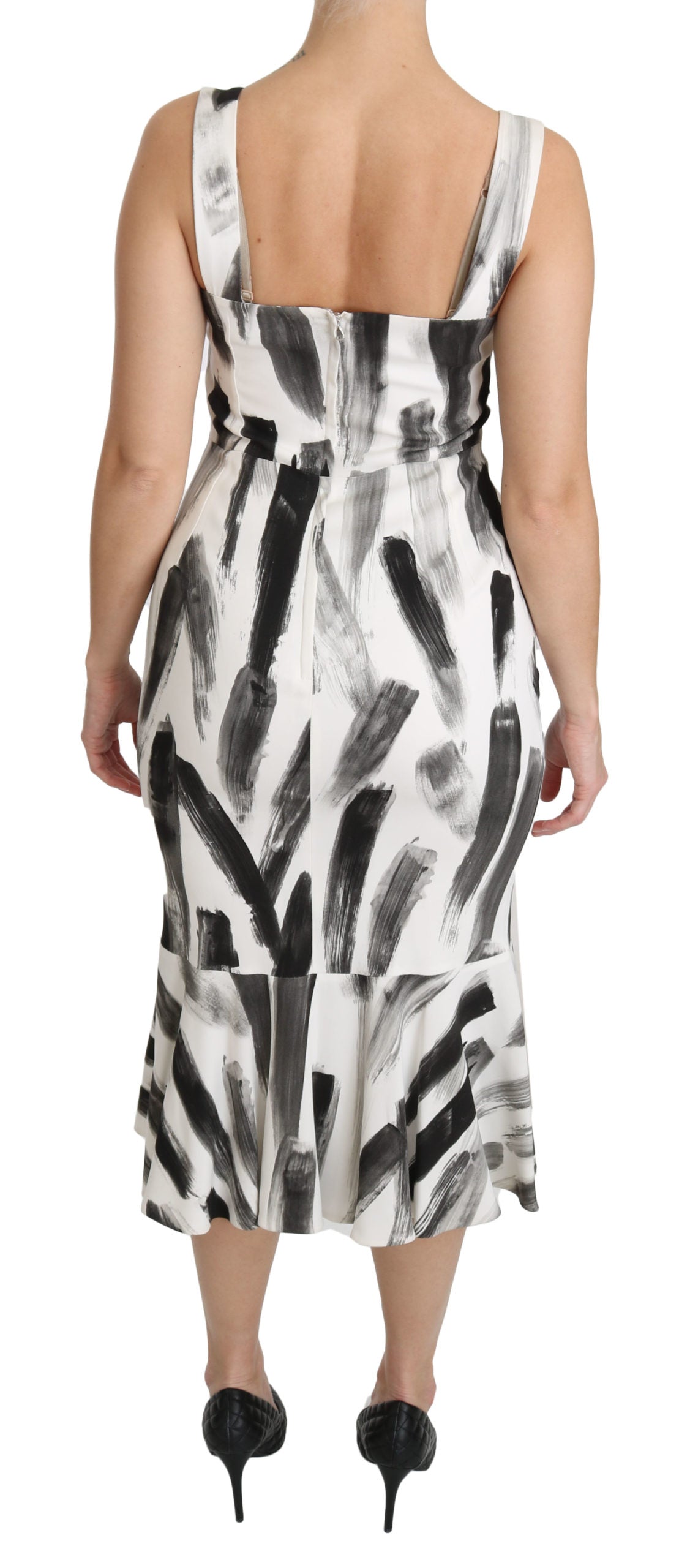 Dolce & Gabbana White Black Printed Sheath Midi Viscose Dress