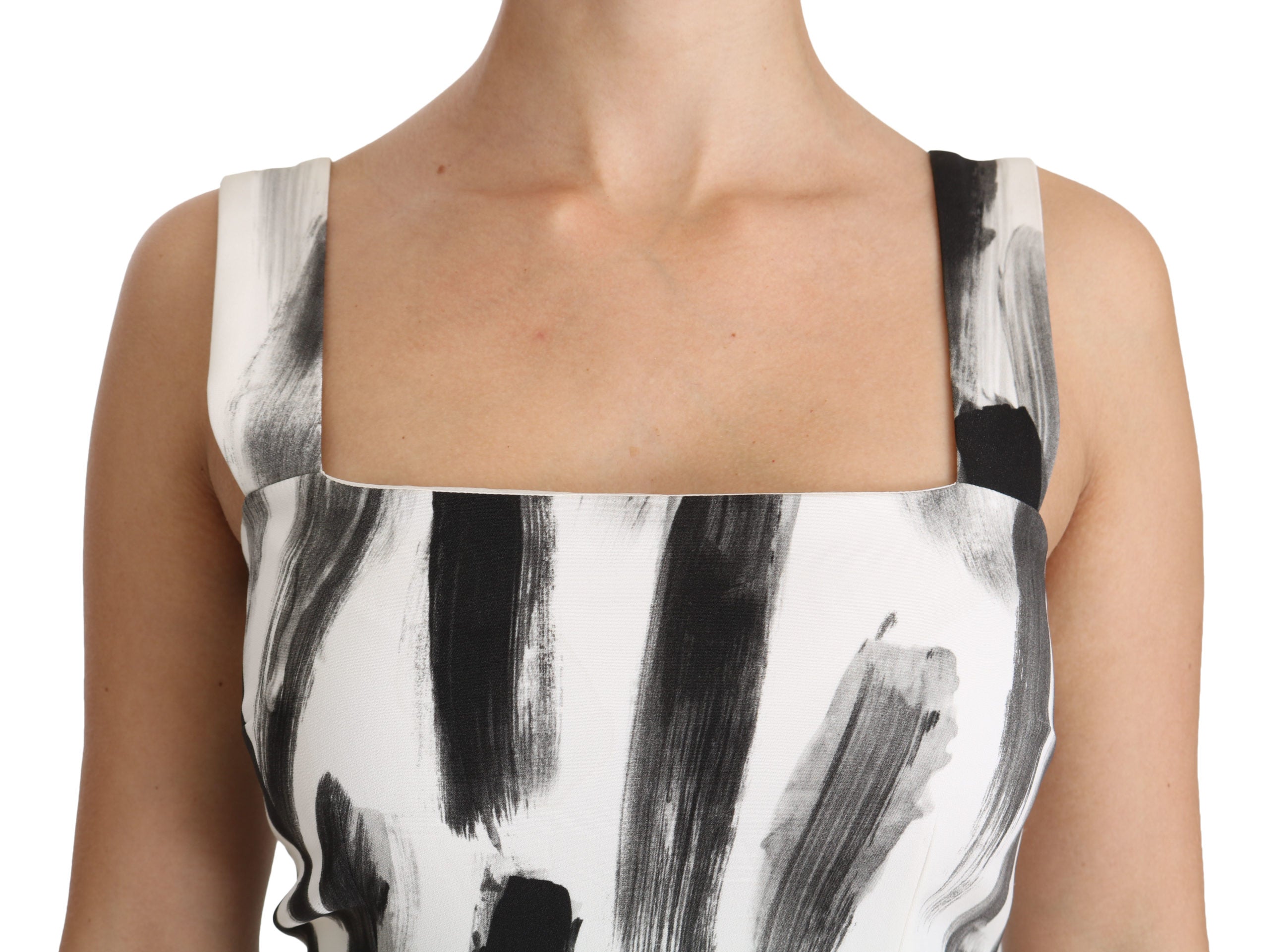 Dolce & Gabbana White Black Printed Sheath Midi Viscose Dress