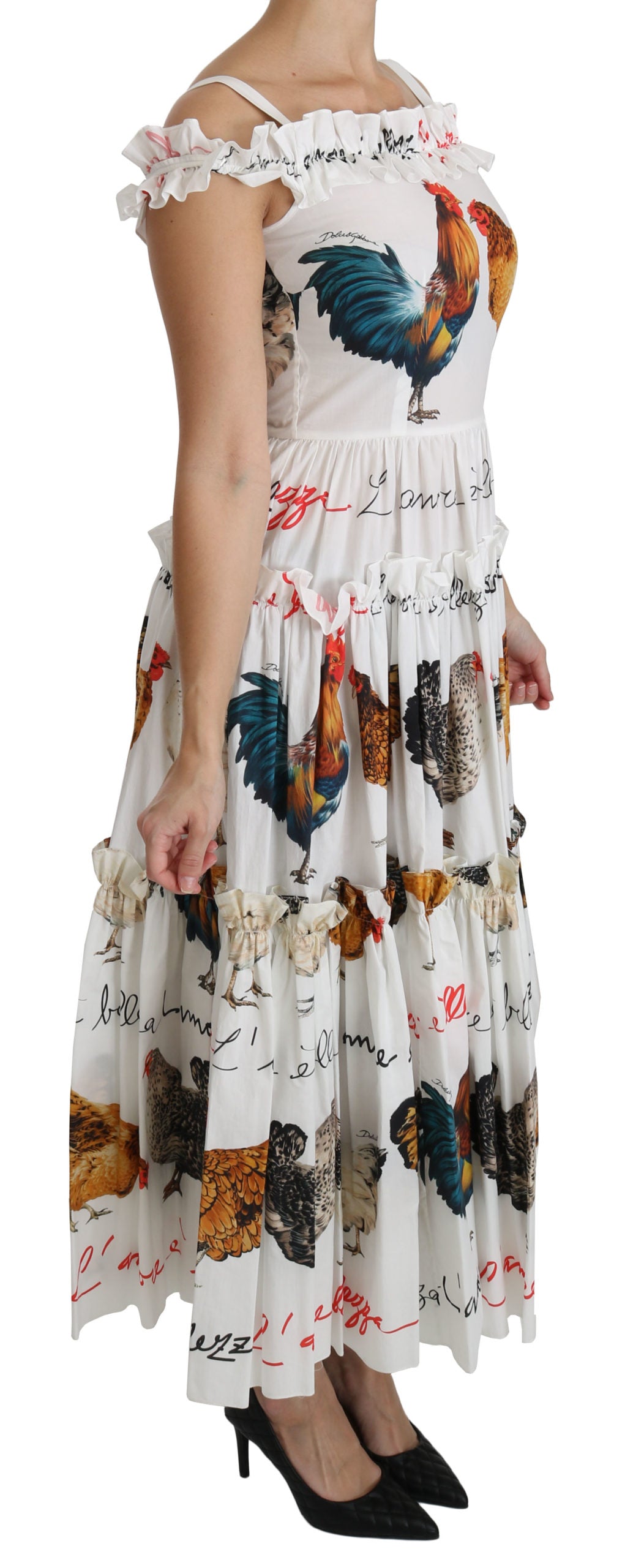 Dolce & Gabbana White Rooster Sheath Midi Cotton Dress