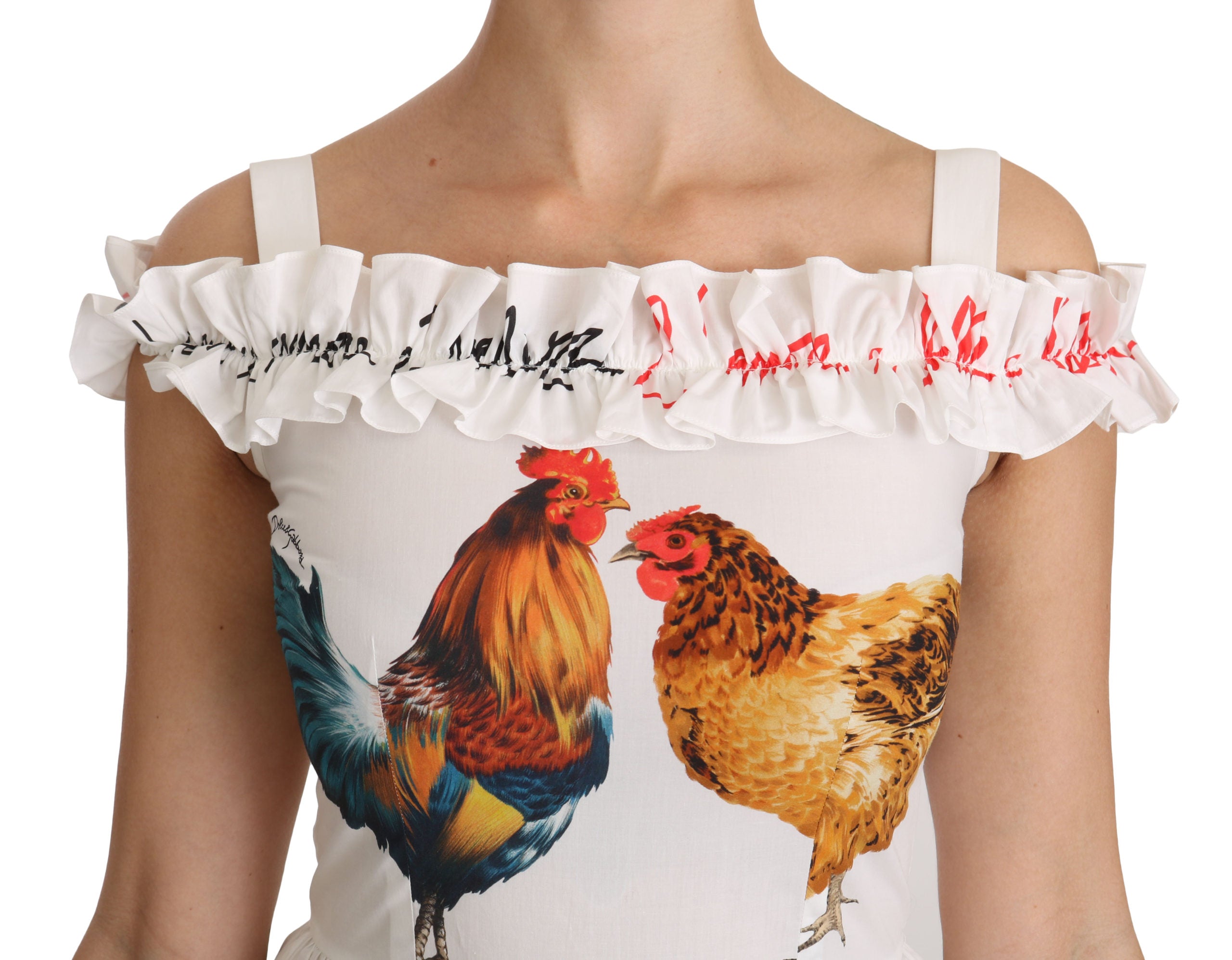 Dolce & Gabbana White Rooster Sheath Midi Cotton Dress