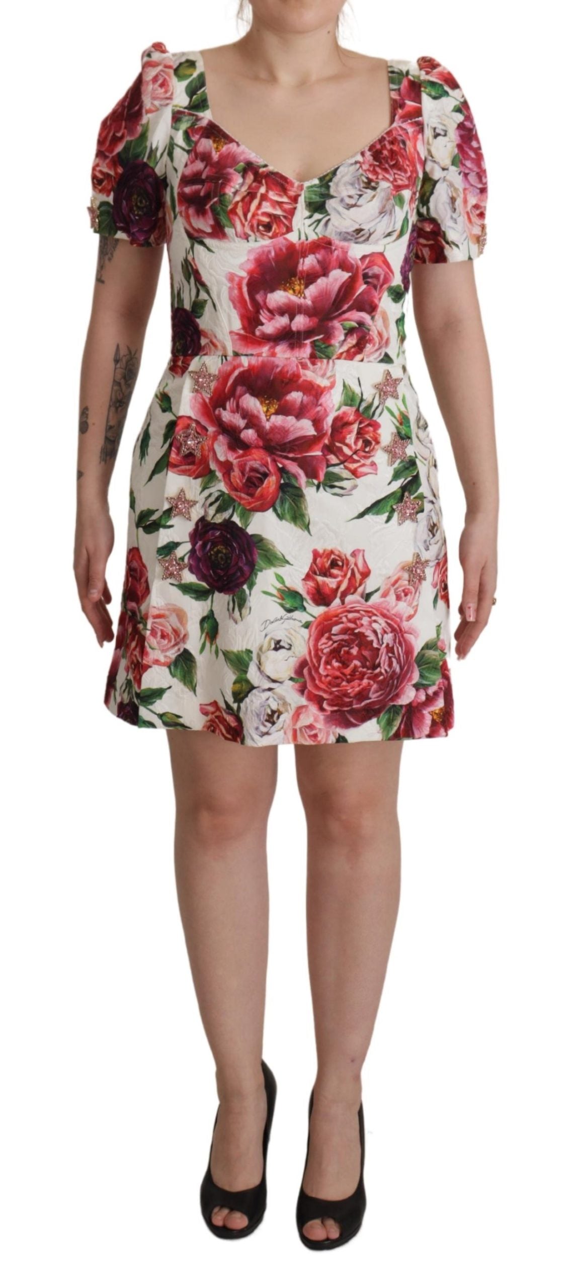 Dolce & Gabbana White Peony Print A-line Mini Cotton Dress