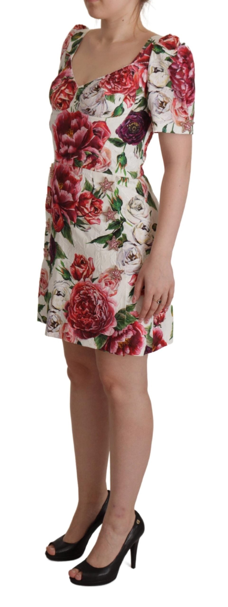 Dolce & Gabbana White Peony Print A-line Mini Cotton Dress