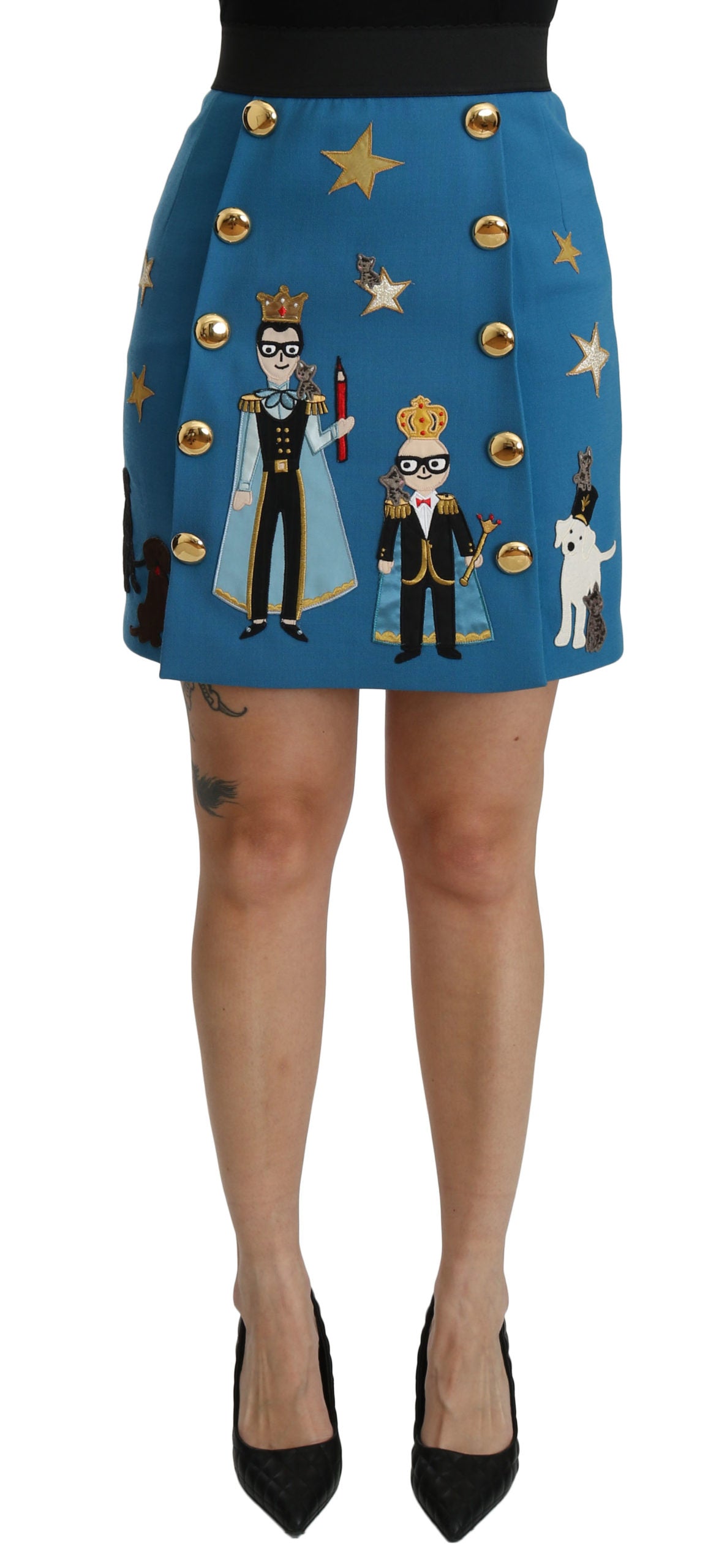 Dolce & Gabbana Blue Embellished High Waist Mini Wool Skirt