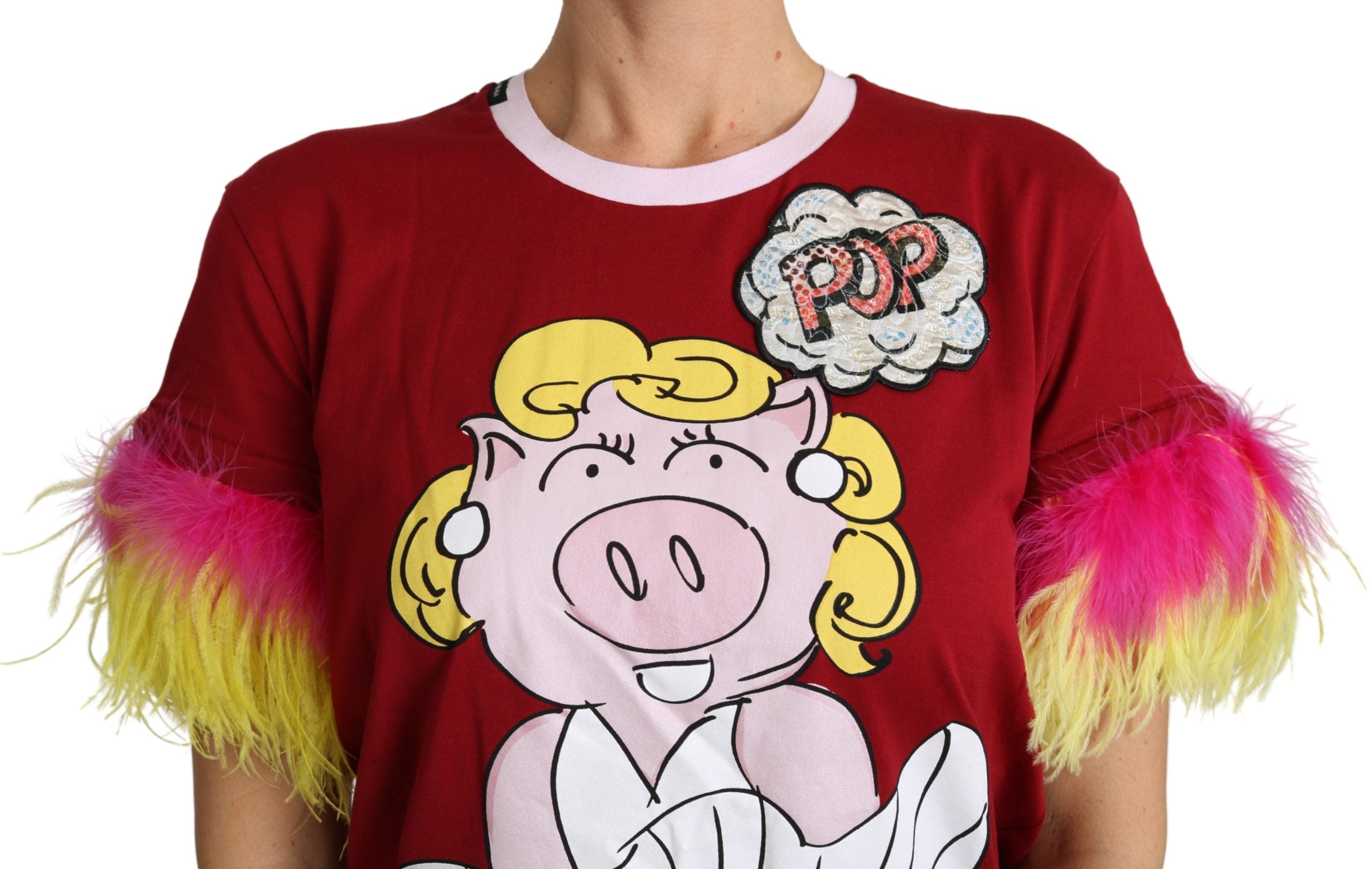 Dolce & Gabbana Red Pig Print Feather Sleeves T-shirt Top