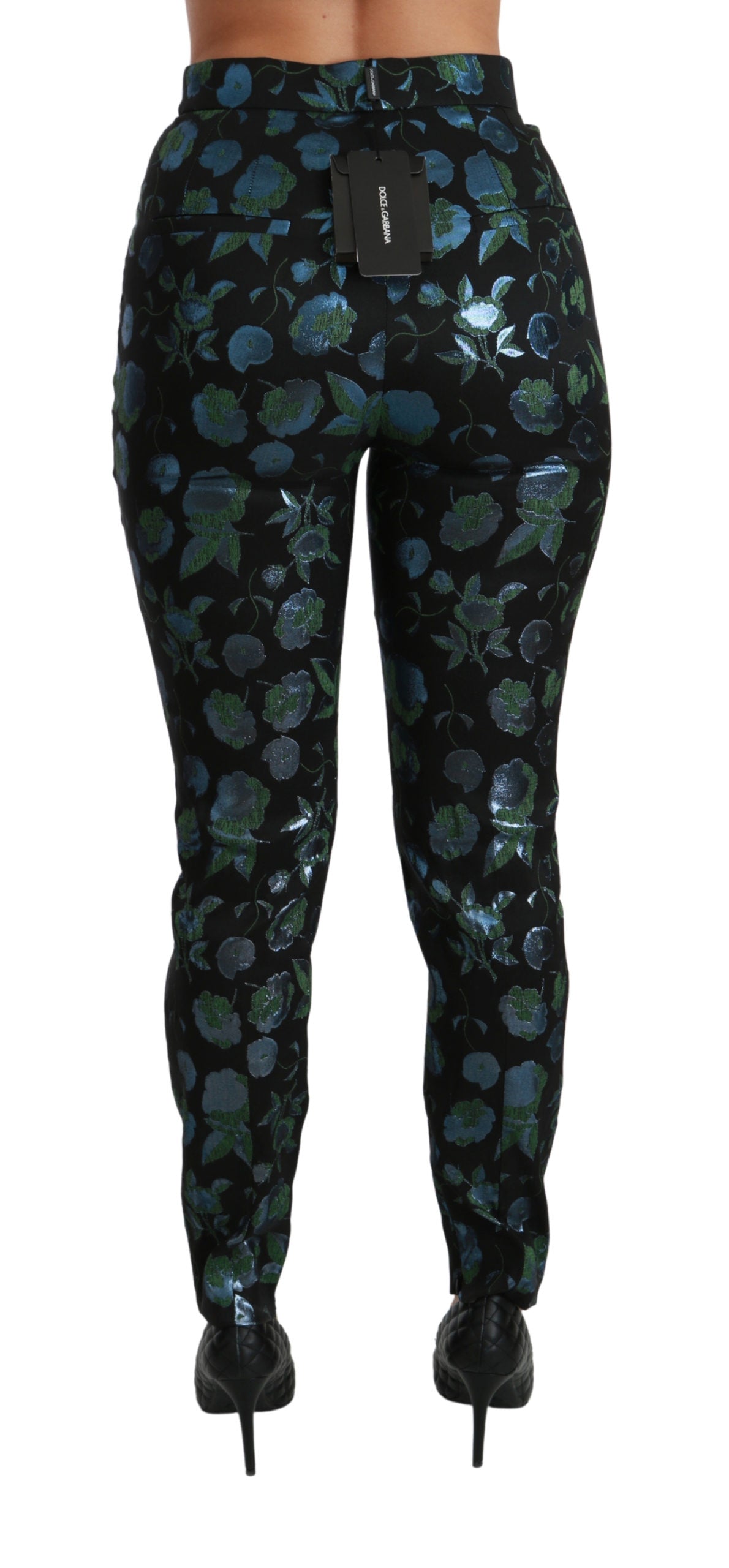 Dolce & Gabbana Blue Green Floral Metallic Slim Pants