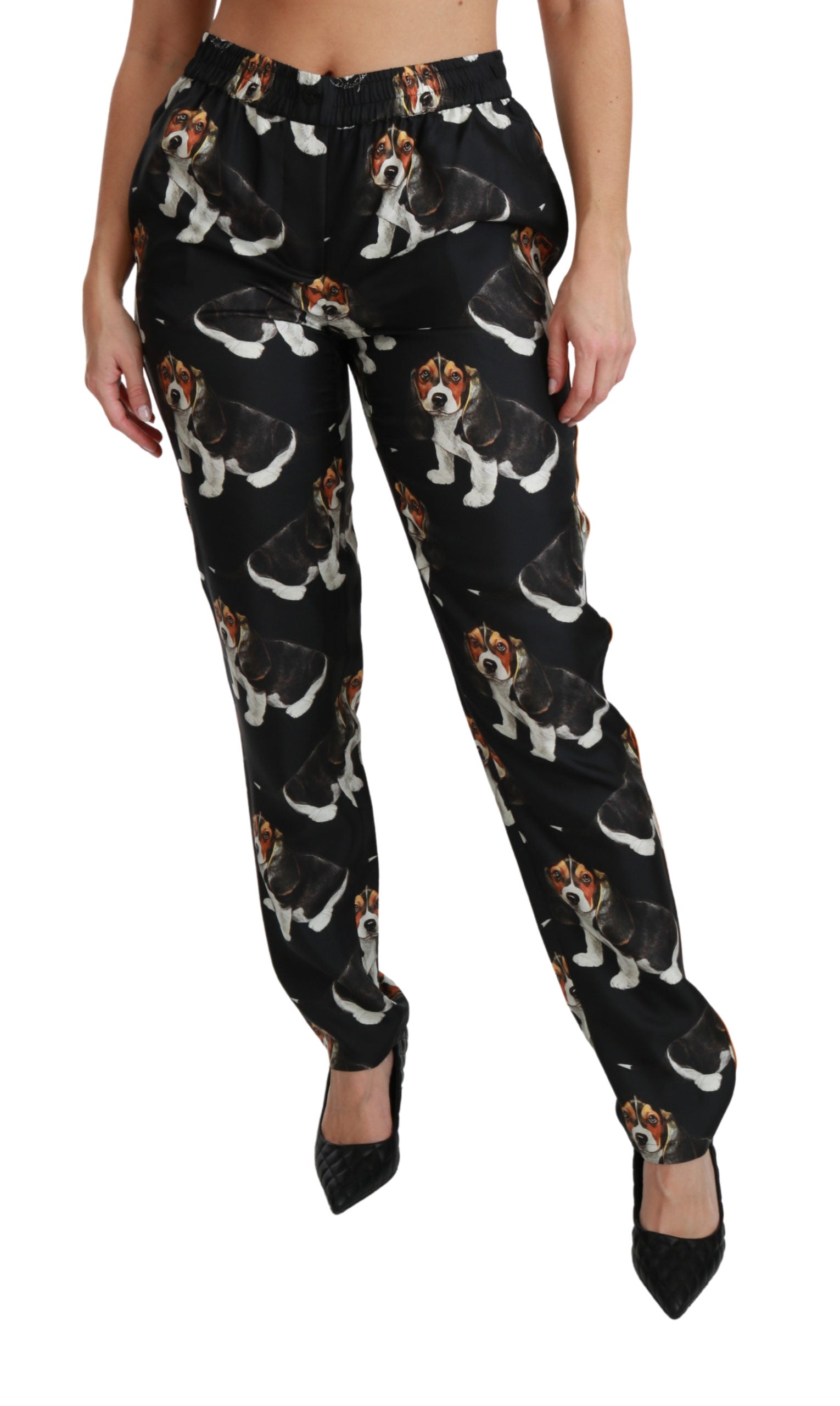 Dolce & Gabbana Black Puppy Dog Mid Waist Skinny Silk Pants