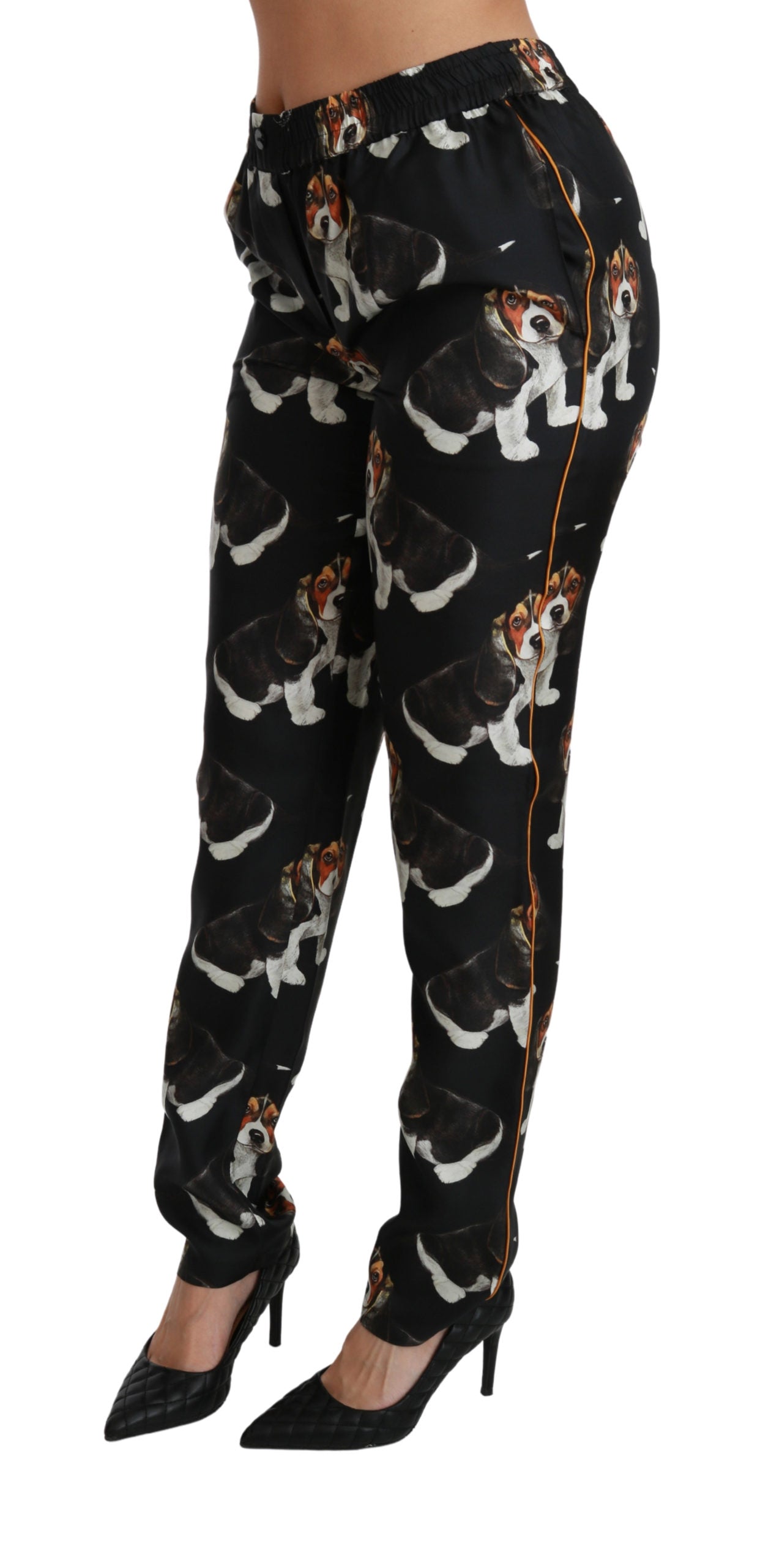 Dolce & Gabbana Black Puppy Dog Mid Waist Skinny Silk Pants