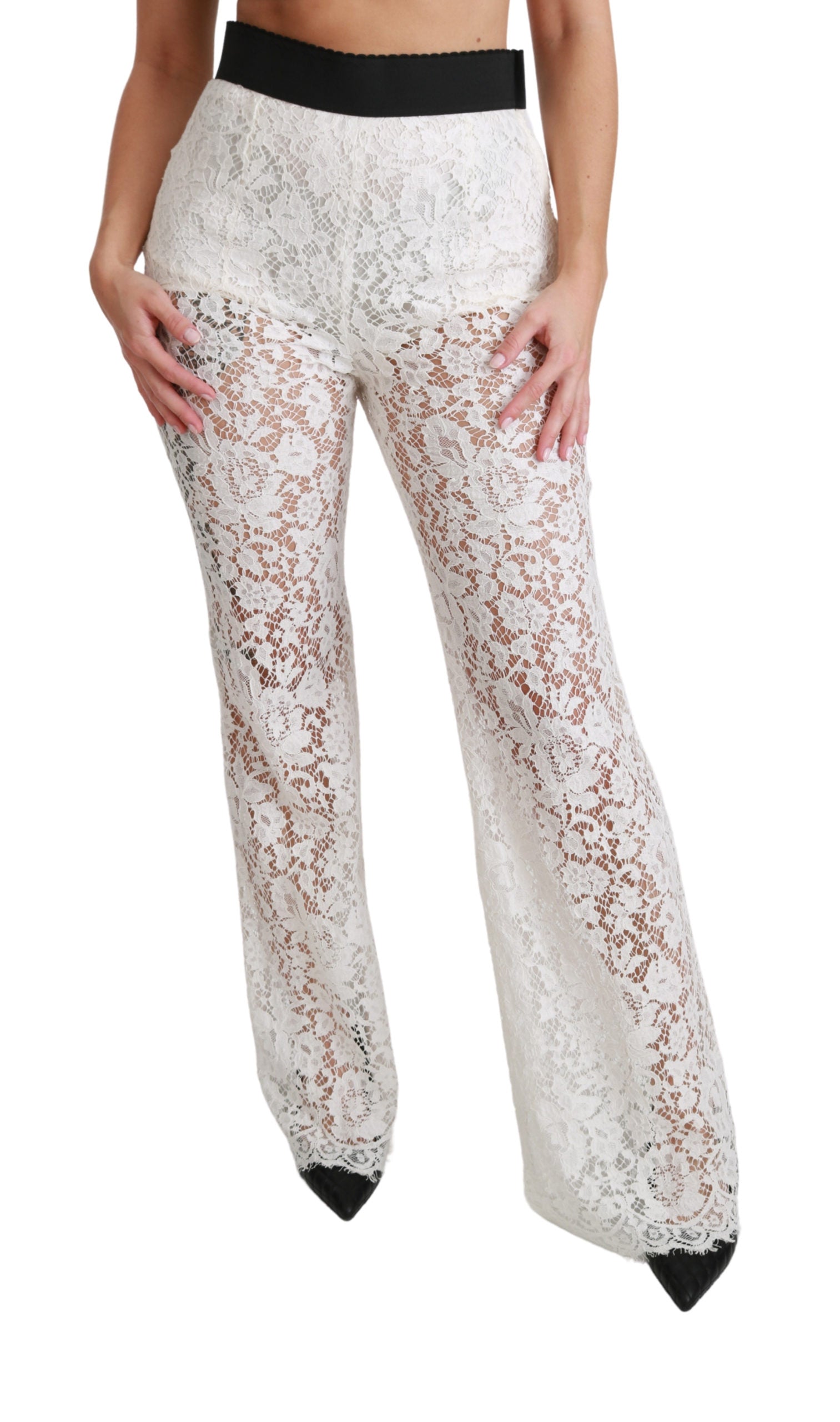 Dolce & Gabbana White Lace High Waist Palazzo Cropped Pants