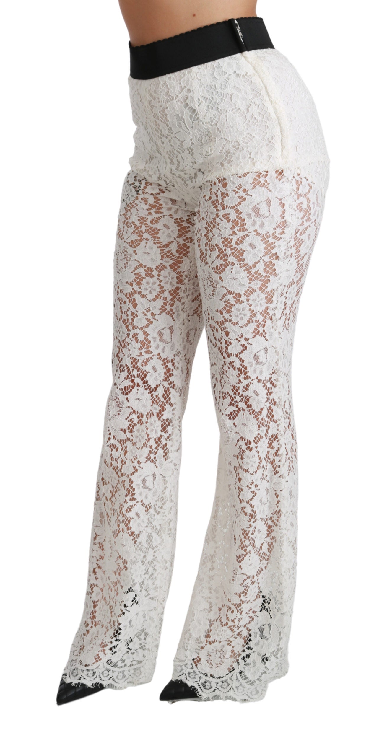 Dolce & Gabbana White Lace High Waist Palazzo Cropped Pants