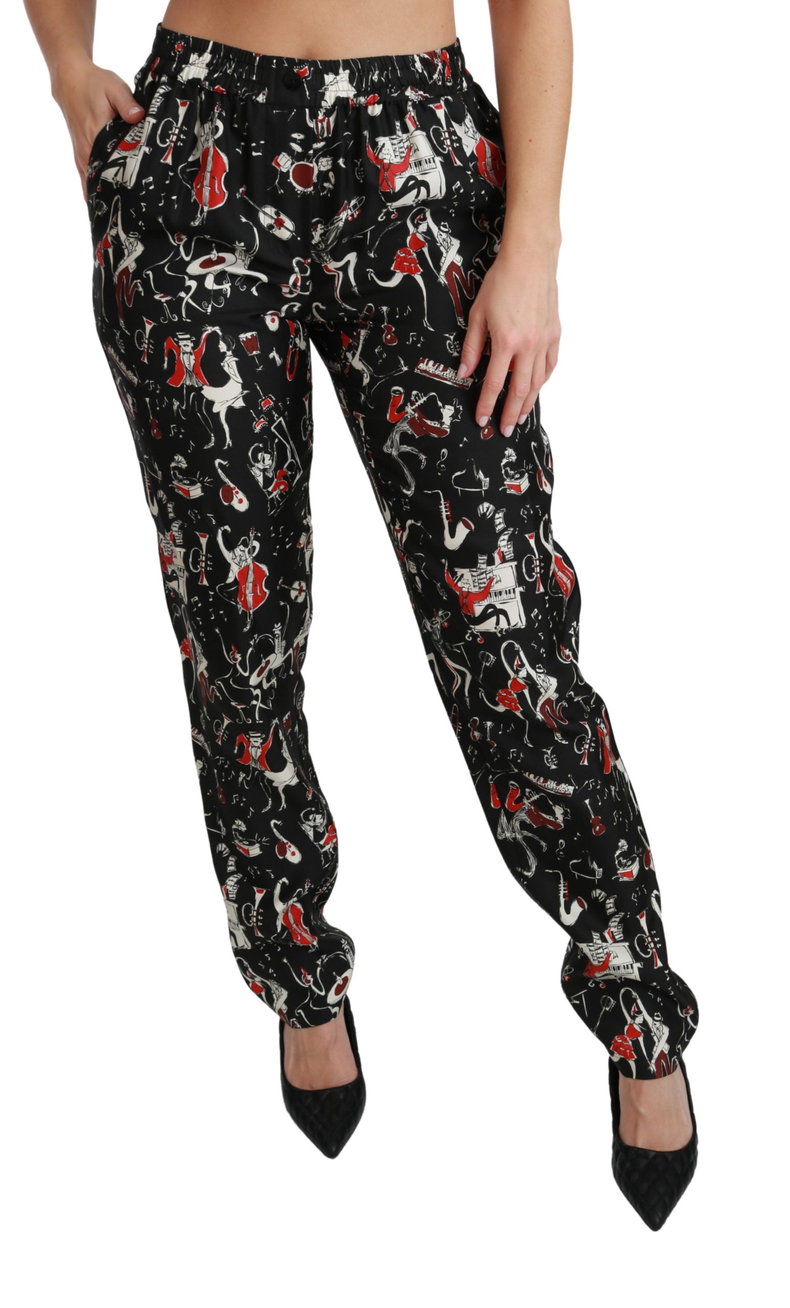 Dolce & Gabbana Black Silk Instrument Mid Waist Pants