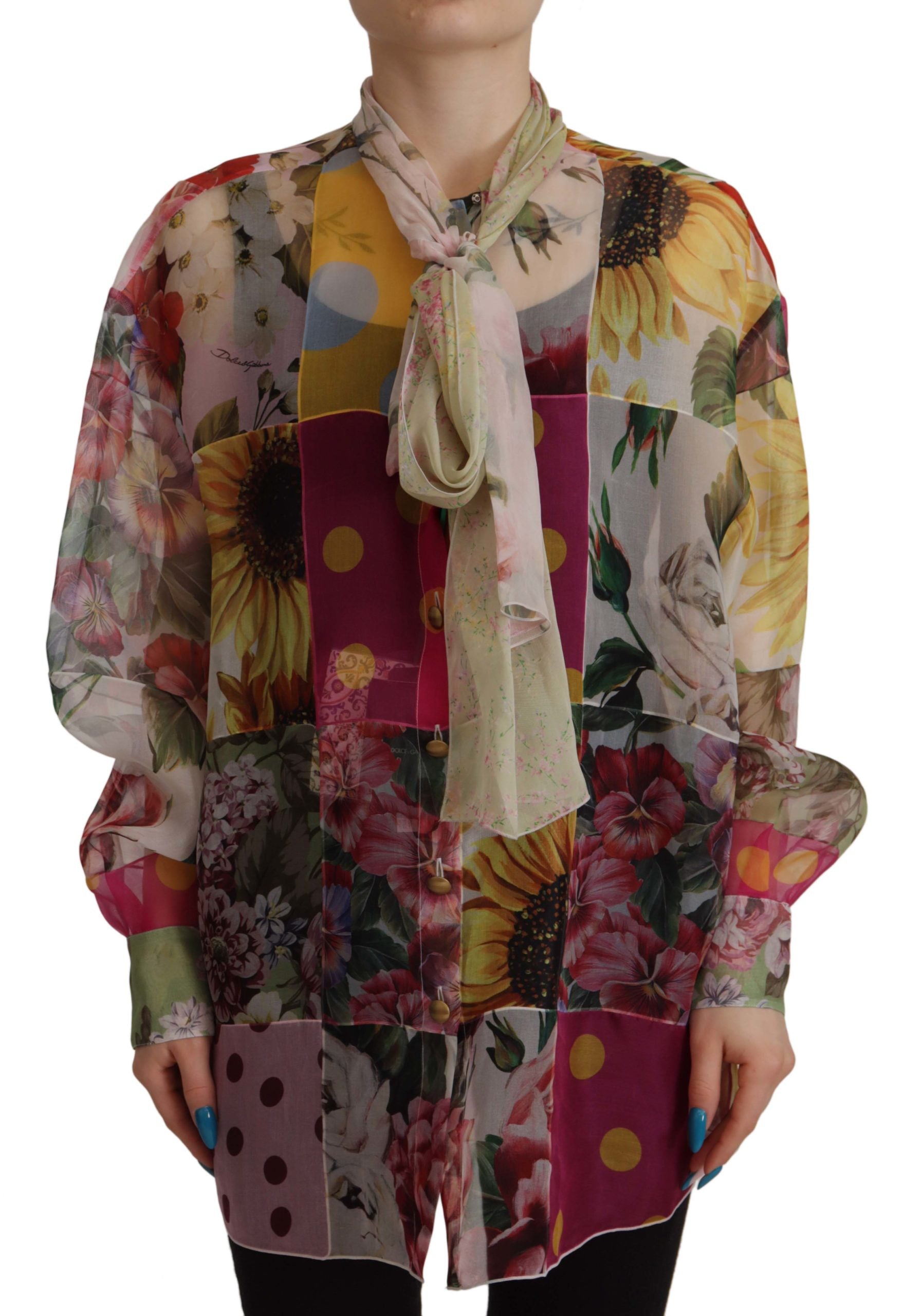 Dolce & Gabbana Multicolor Ascot Collar Patchwork Blouse Top