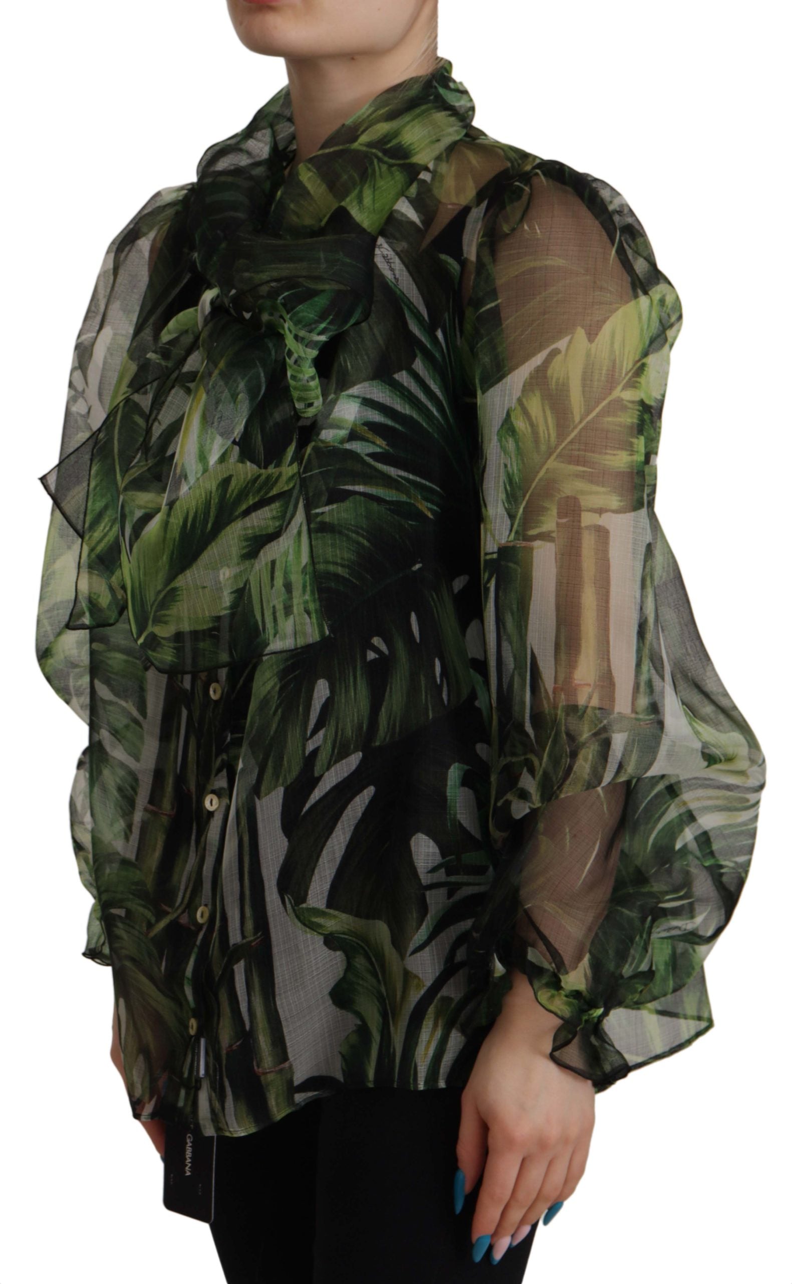 Dolce & Gabbana Green Banana Leaf Silk Top Shirt Blouse