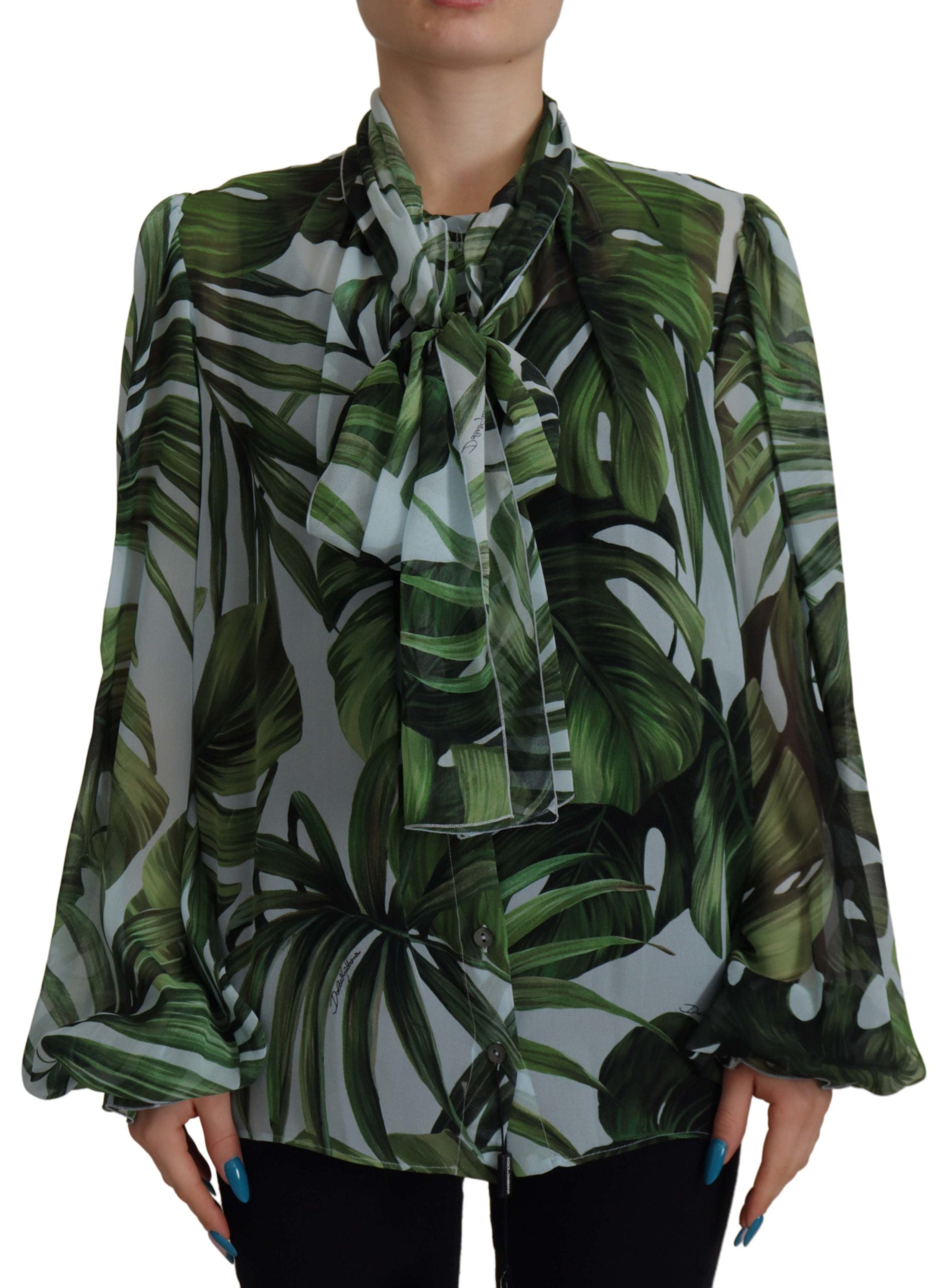 Dolce & Gabbana Multicolor Blouse Leaf Print Ascot Collar Long Sleeve Top