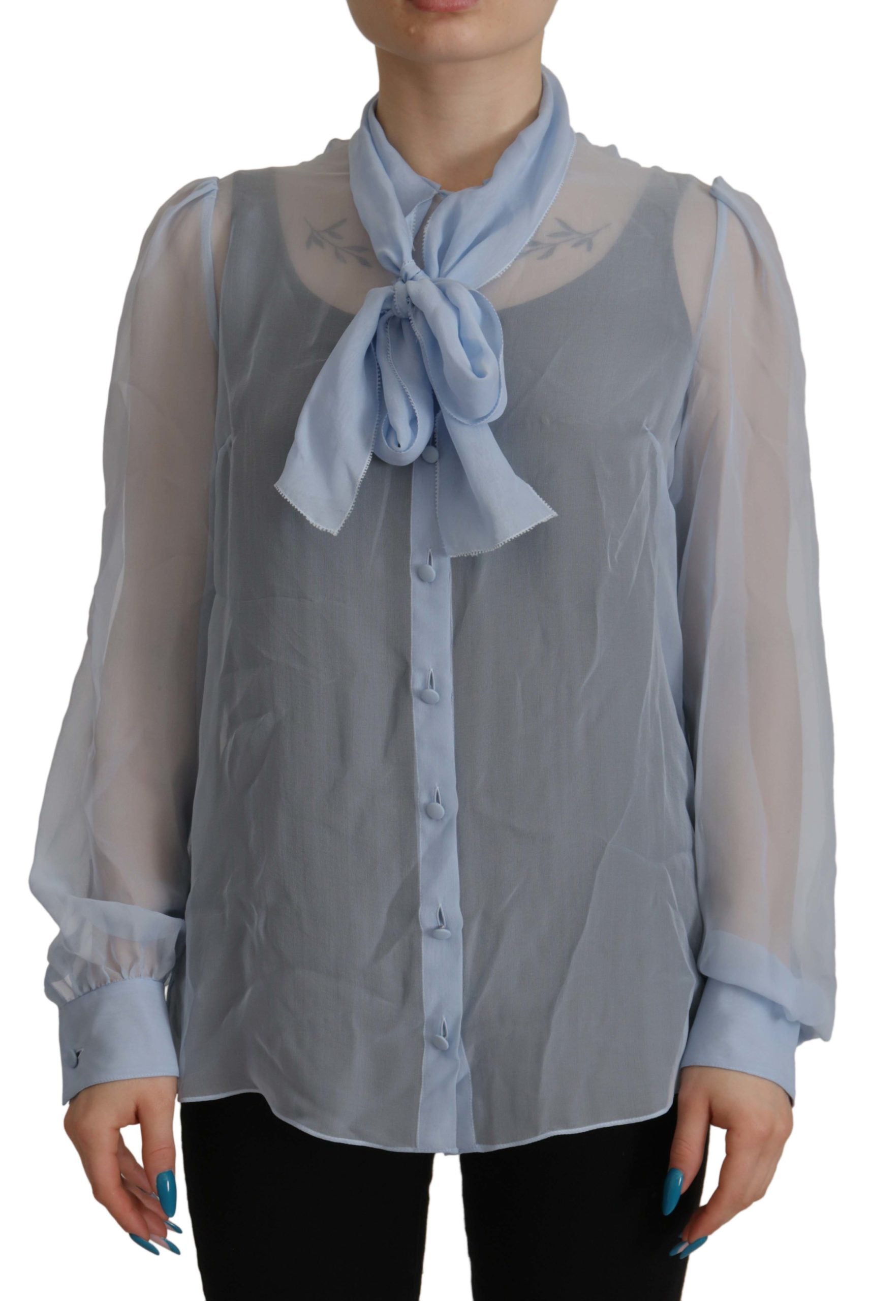 Dolce & Gabbana Blue Long Sleeves Ascot Collar Blouse Light Top