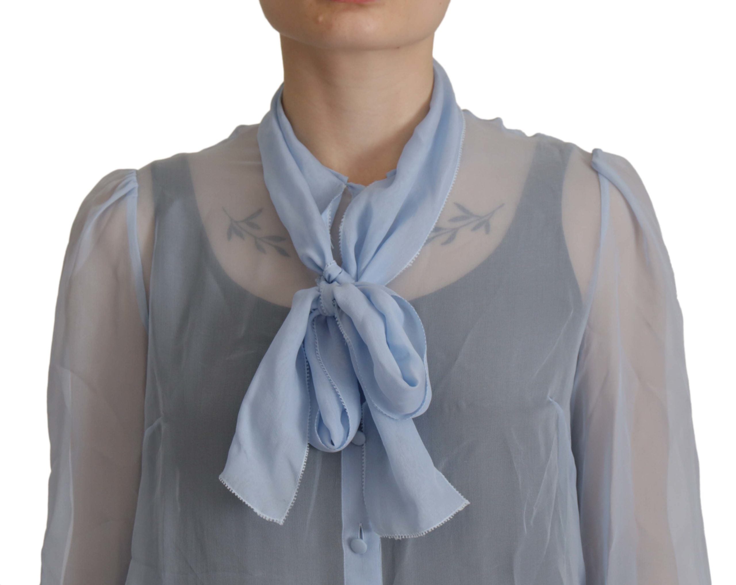 Dolce & Gabbana Blue Long Sleeves Ascot Collar Blouse Light Top