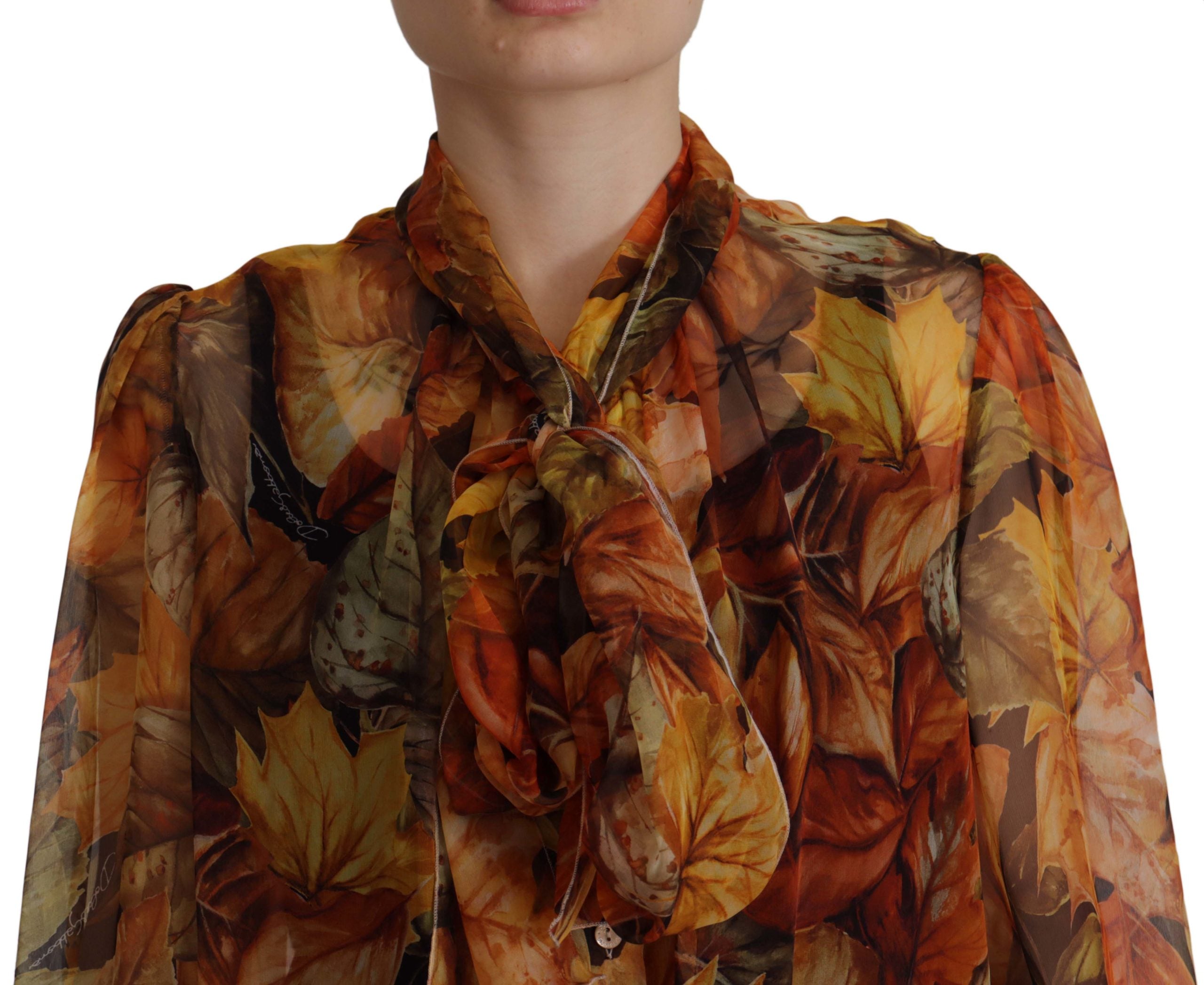 Dolce & Gabbana Multicolor Blouse Floral Long Sleeves Ascot Collar Top