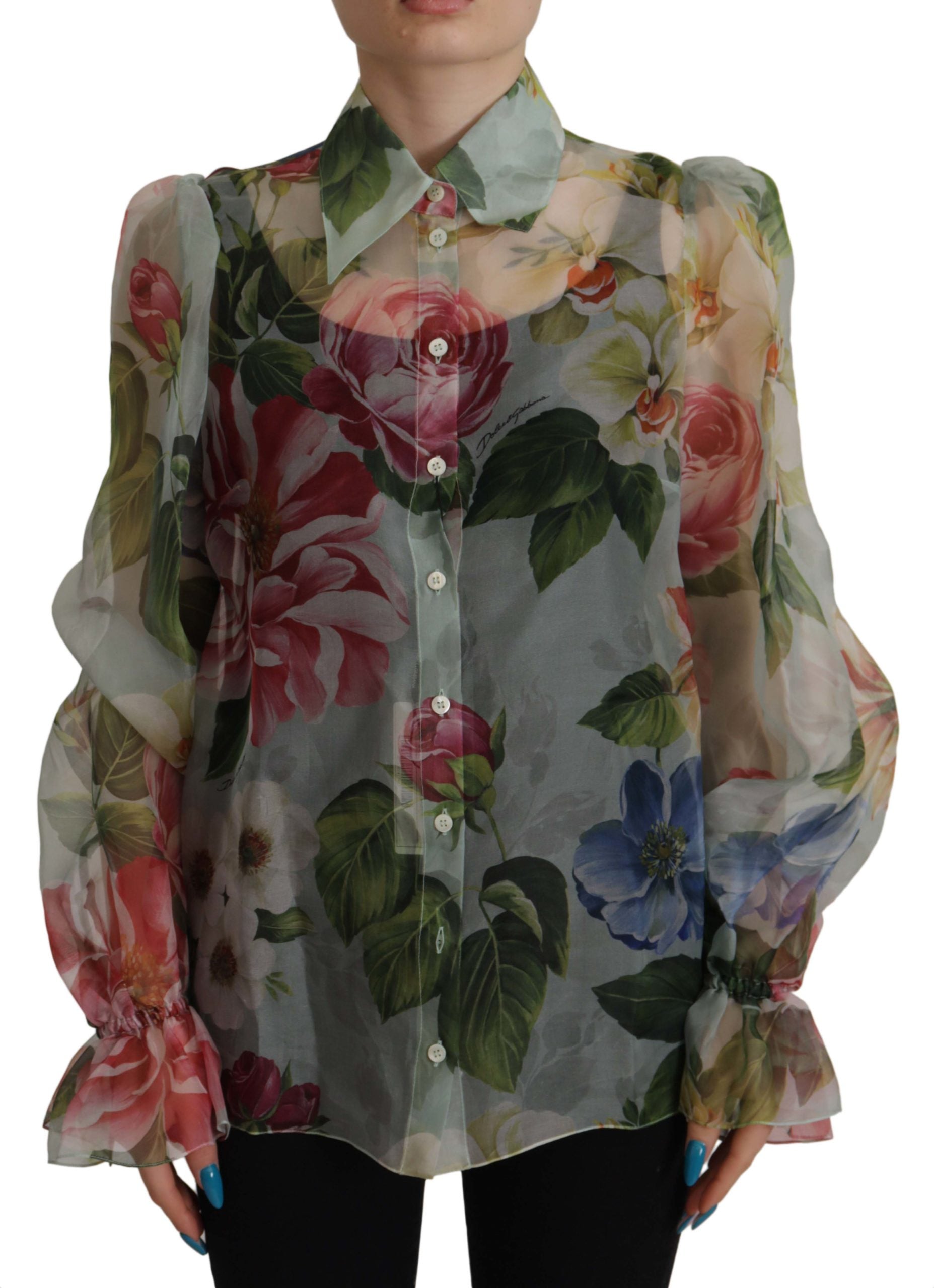 Dolce & Gabbana Multicolor Floral Print Long Sleeve Collared Blouse