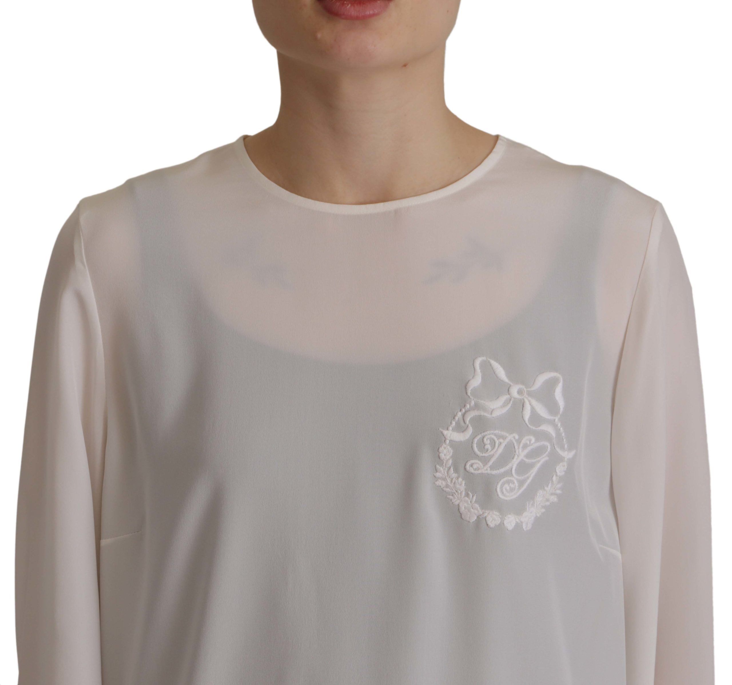 Dolce & Gabbana White Silk DG Logo Embroidered Long Sleeves Blouse