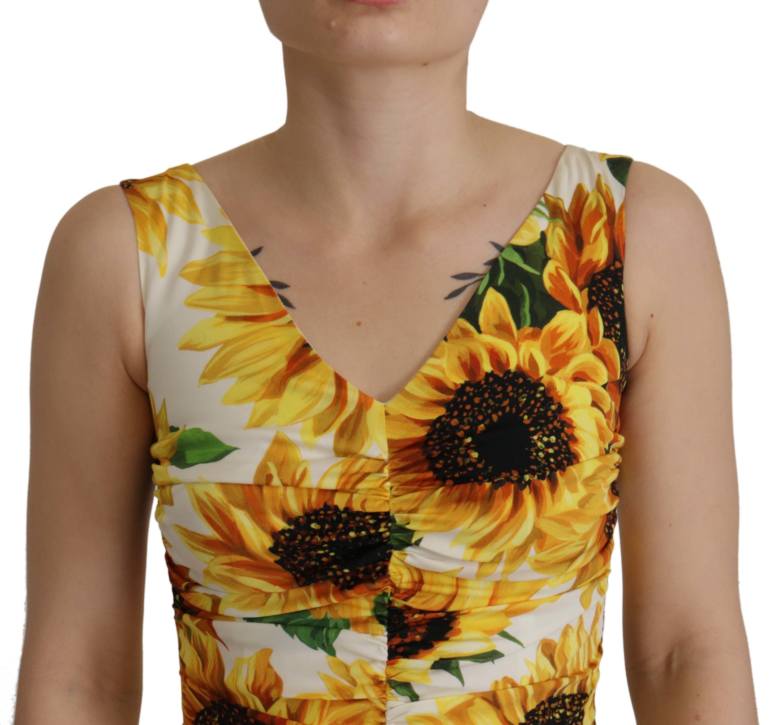 Dolce & Gabbana White Sunflower Print Sheath Midi Silk