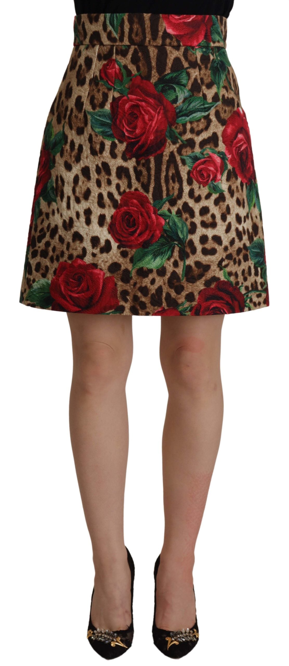 Dolce & Gabbana Multicolor Rose Leopard A-line Cotton Skirt