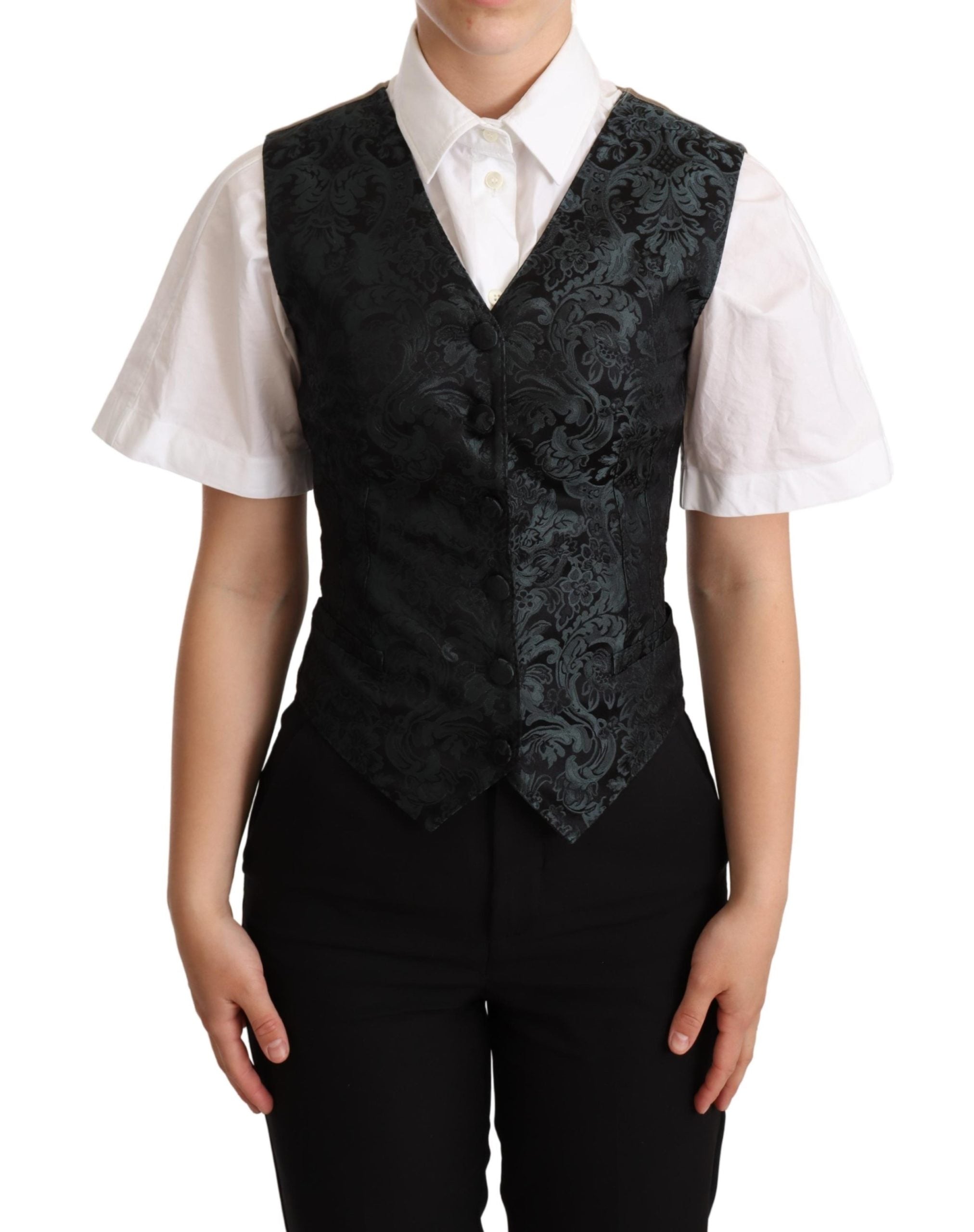 Dolce & Gabbana Black Jacquard Floral Waistcoat Vest Green