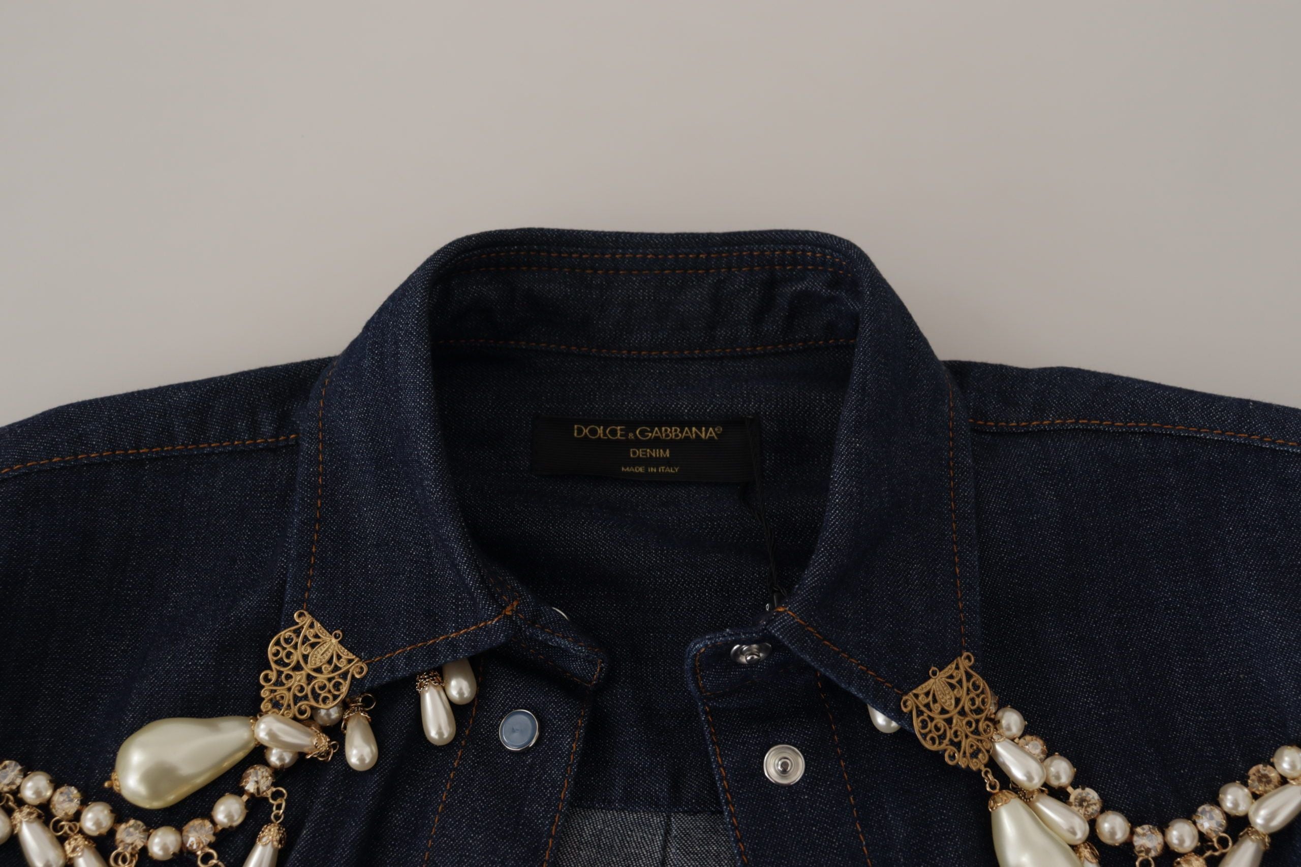 Dolce & Gabbana Blue Denim Pearl Embellished Long Sleeves Top