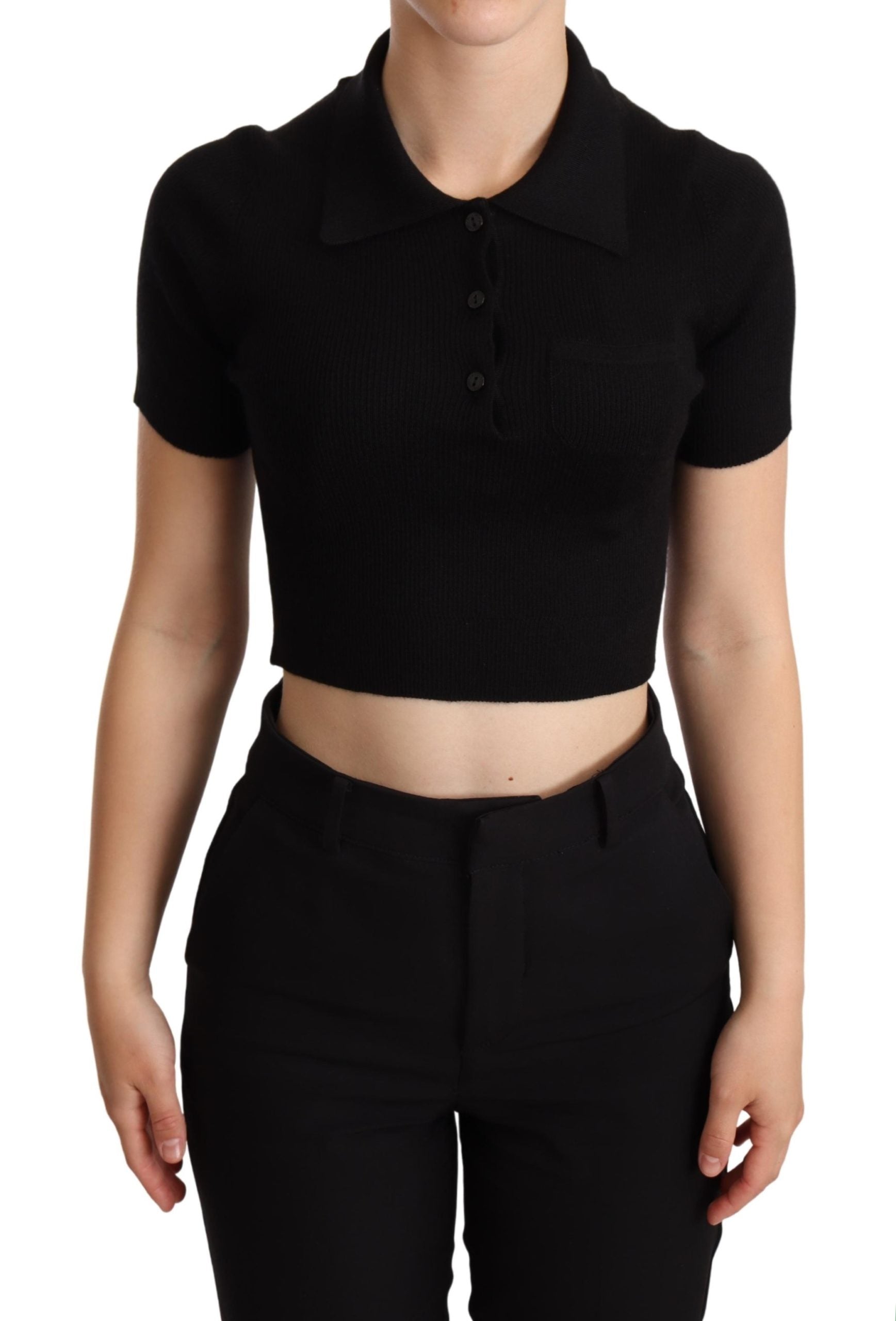 Dolce & Gabbana Black Cashmere Silk Collared Cropped Top