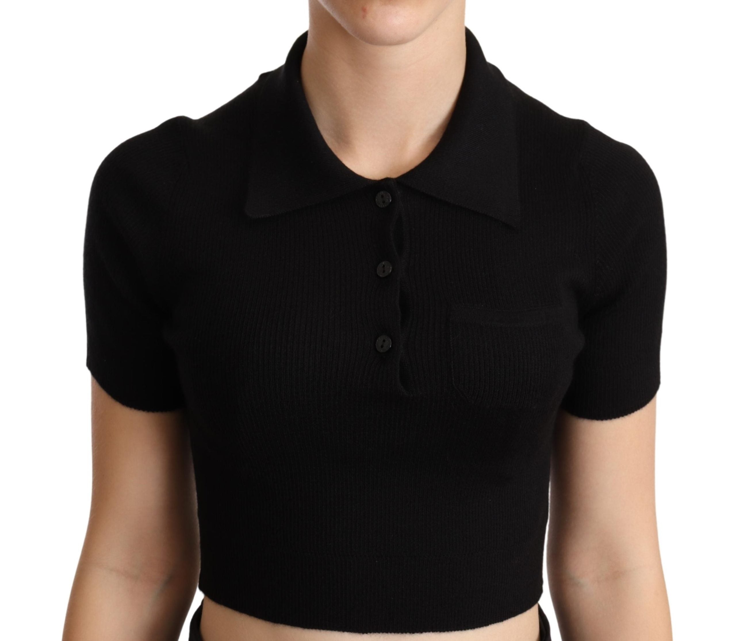 Dolce & Gabbana Black Cashmere Silk Collared Cropped Top