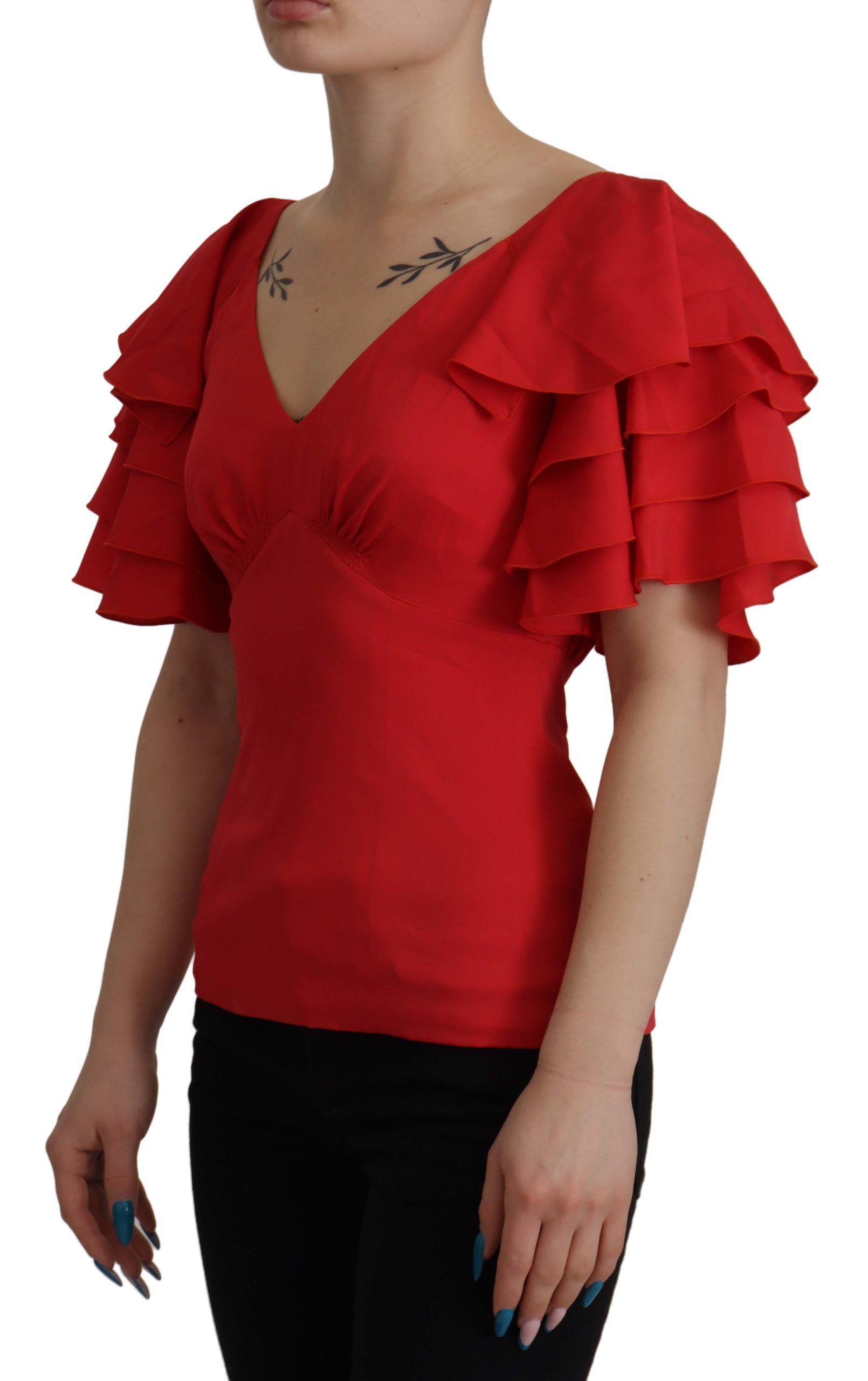 Dolce & Gabbana Red V-Neck Sleeve Zipper Back Blouse Ruffle Top