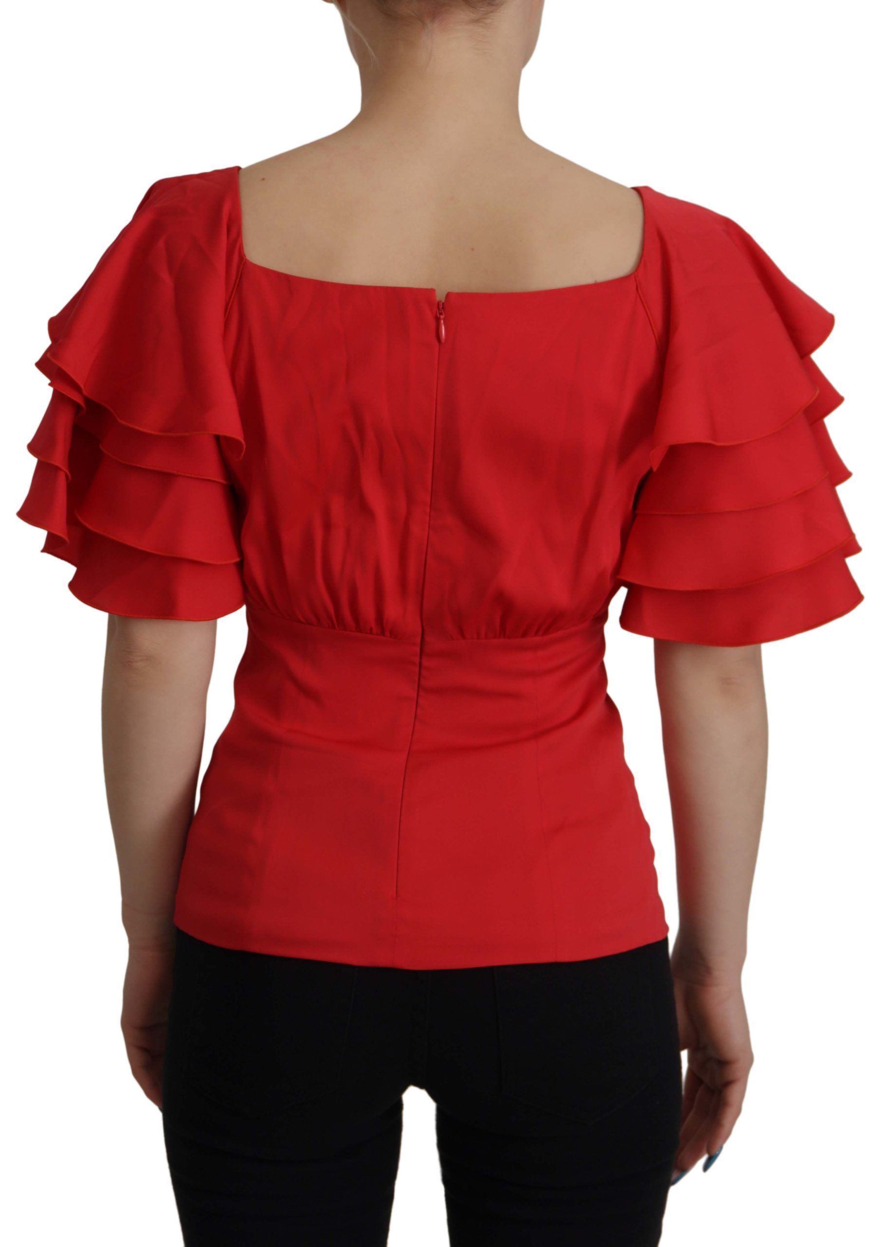 Dolce & Gabbana Red V-Neck Sleeve Zipper Back Blouse Ruffle Top