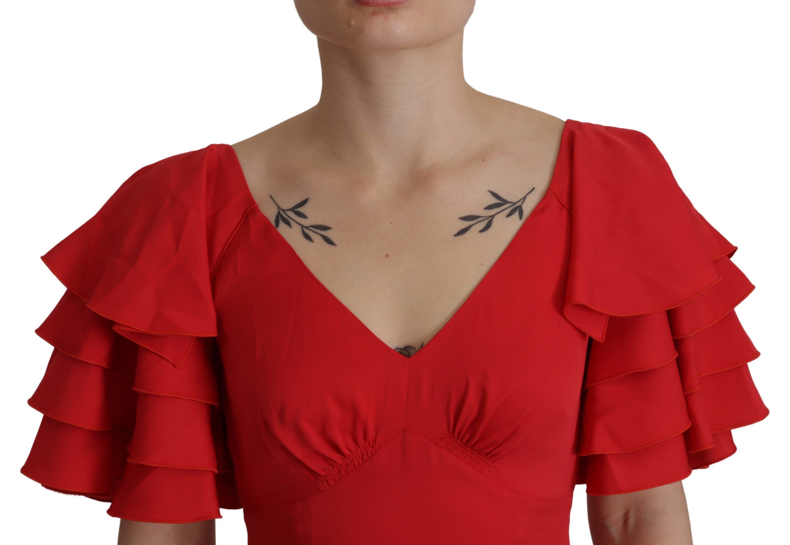 Dolce & Gabbana Red V-Neck Sleeve Zipper Back Blouse Ruffle Top