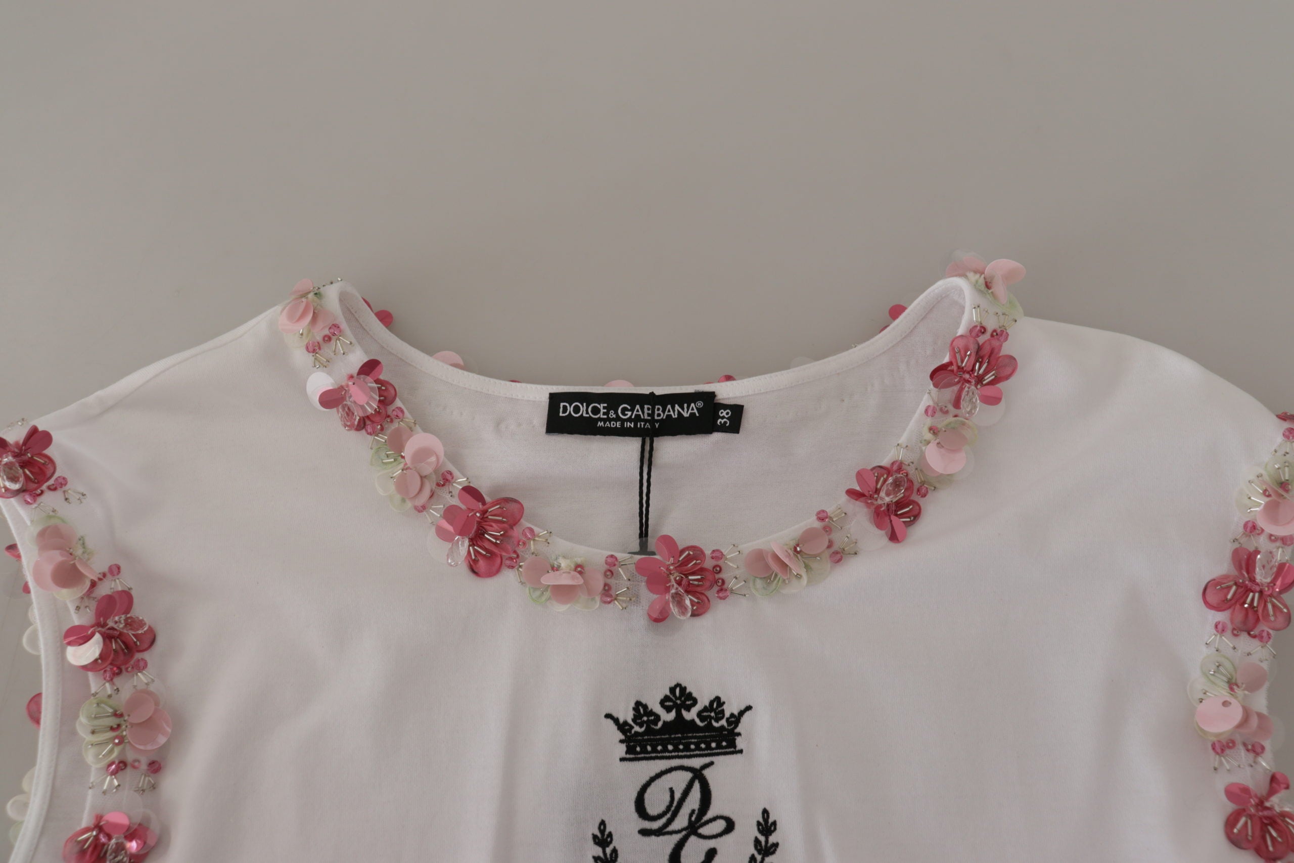 Dolce & Gabbana White DG Crown Floral Sequin T-shirt