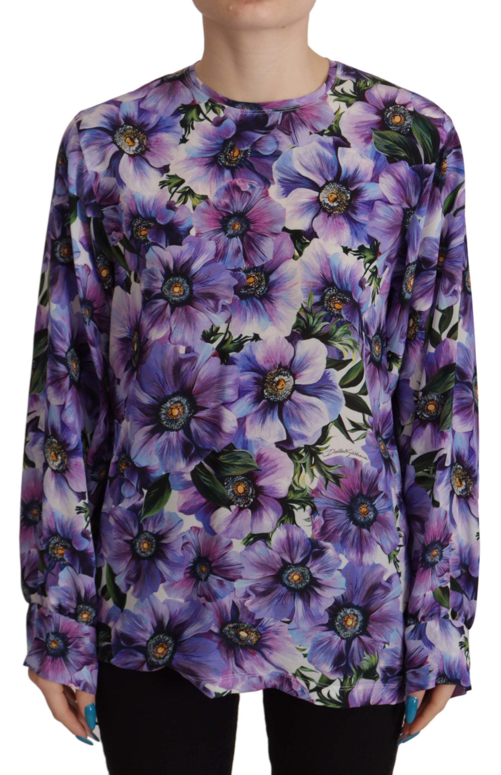 Dolce & Gabbana Purple Floral Silk Long Sleeve Top Blouse