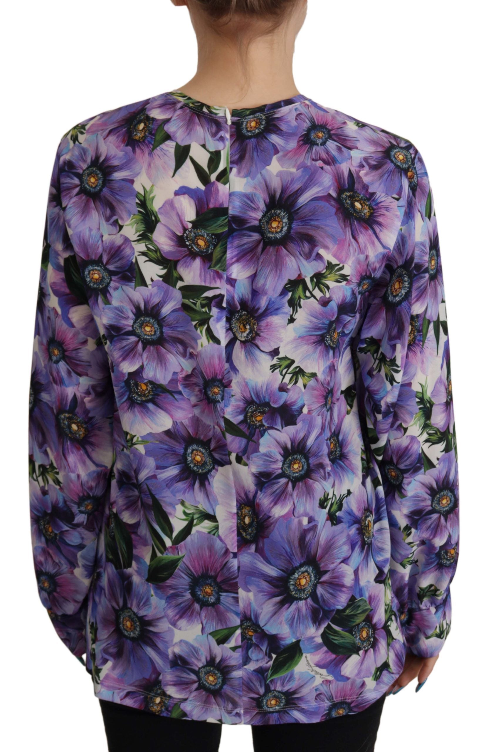 Dolce & Gabbana Purple Floral Silk Long Sleeve Top Blouse