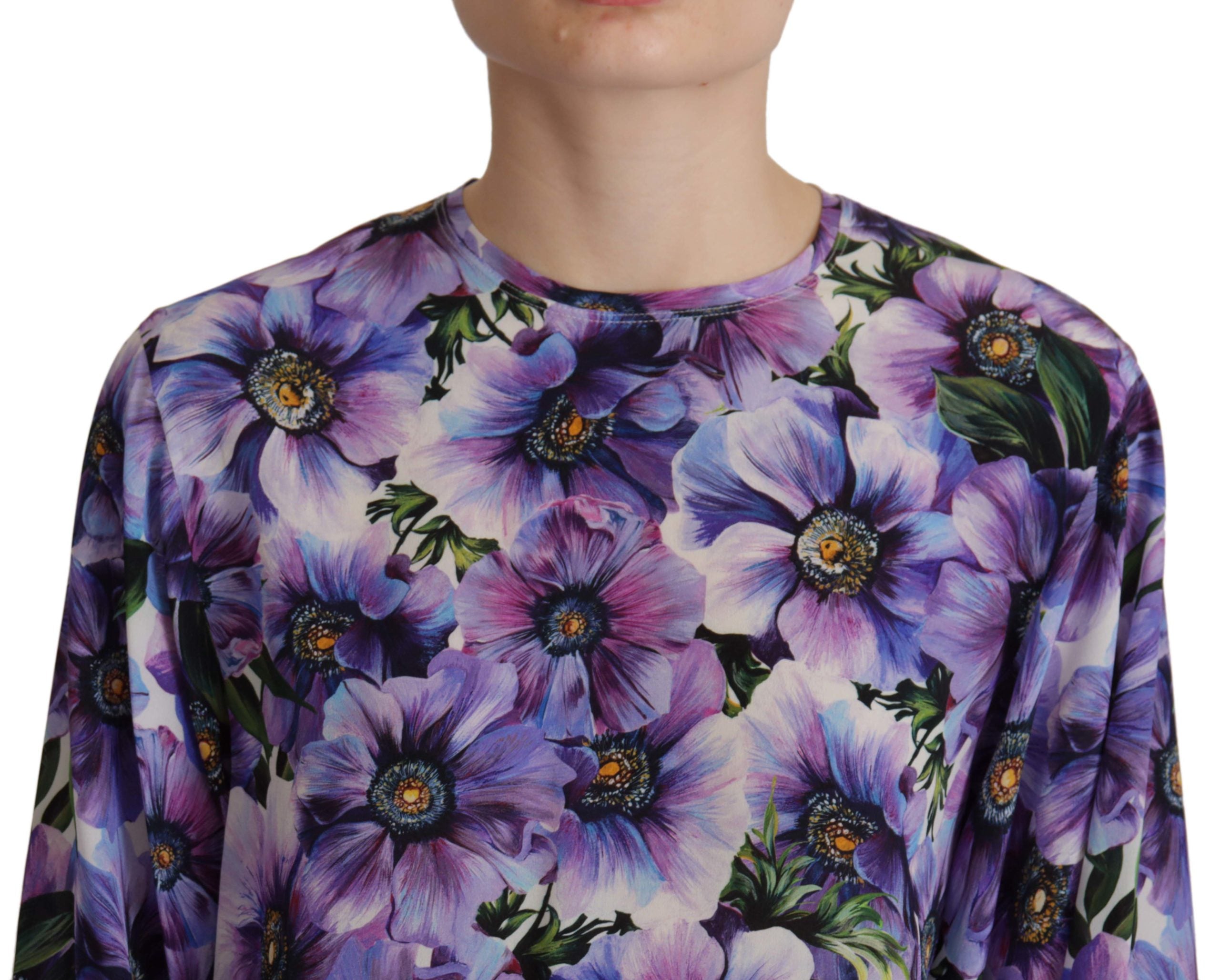 Dolce & Gabbana Purple Floral Silk Long Sleeve Top Blouse