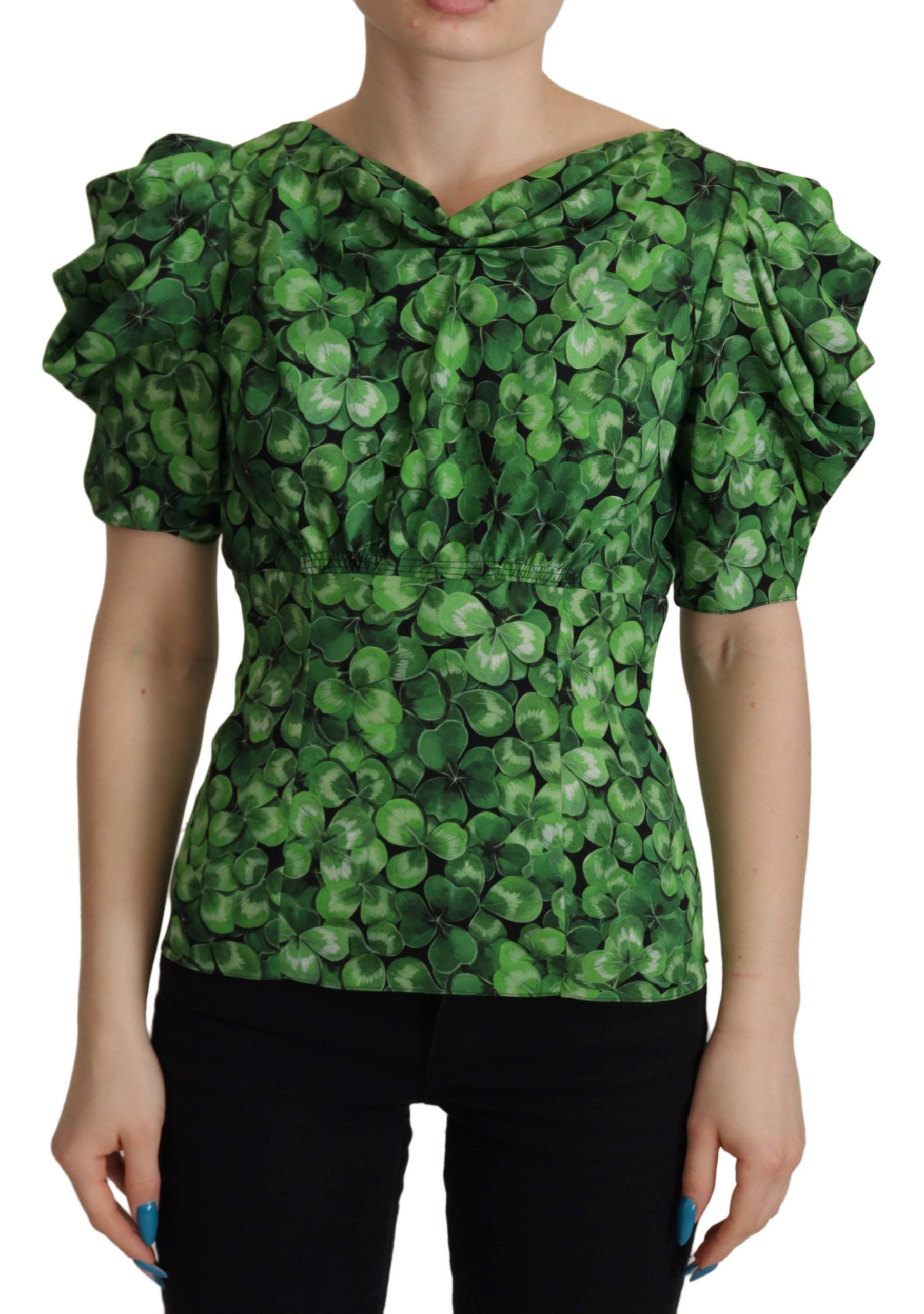 Dolce & Gabbana Green Clover Print Puff Sleeves Top Blouse