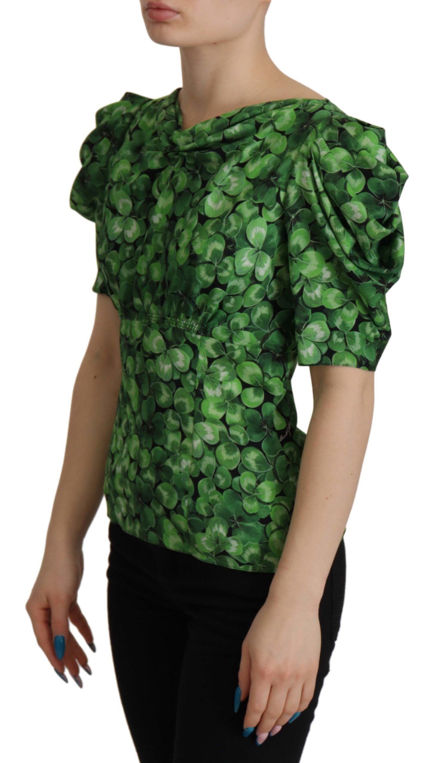 Dolce & Gabbana Green Clover Print Puff Sleeves Top Blouse