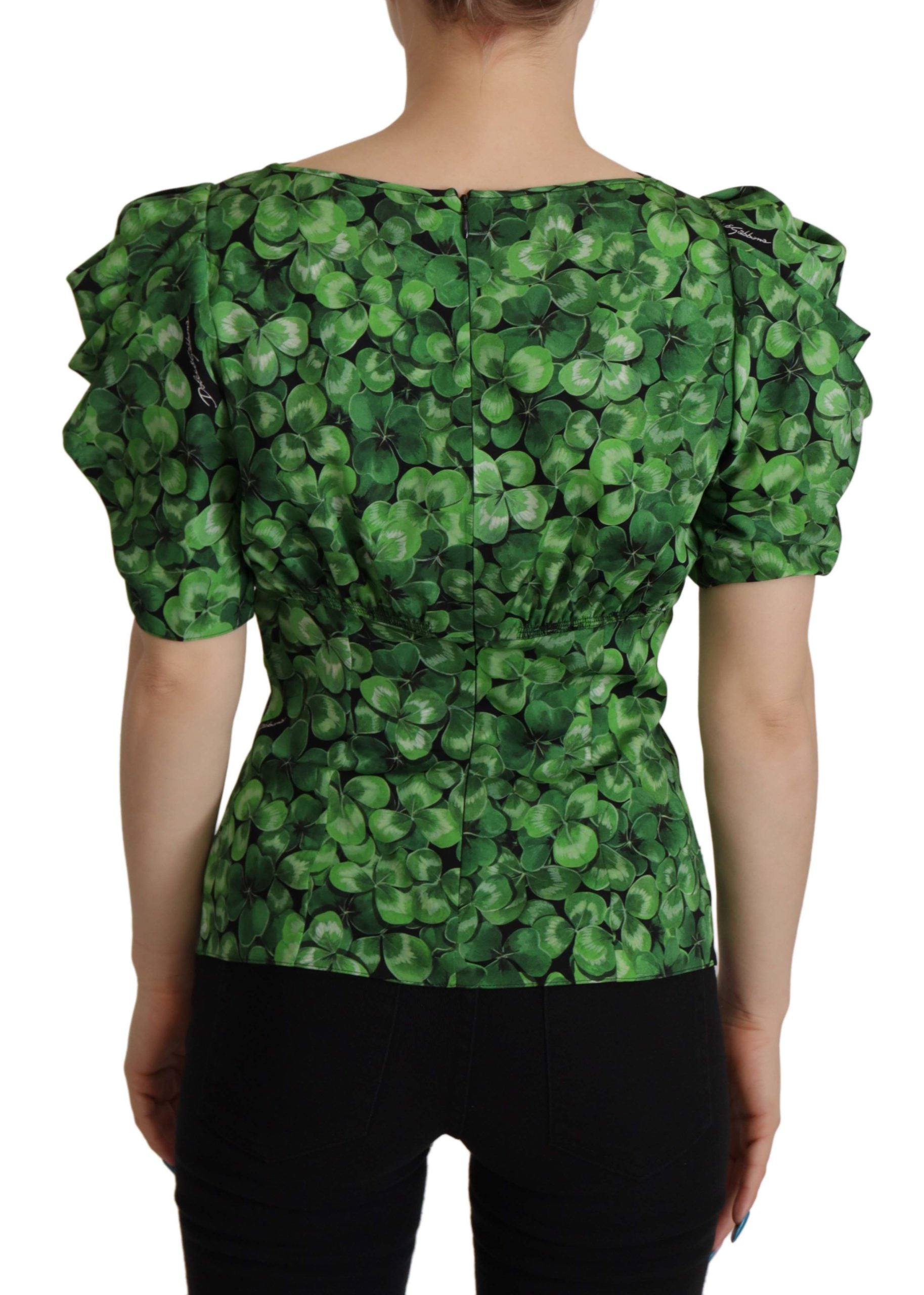 Dolce & Gabbana Green Clover Print Puff Sleeves Top Blouse