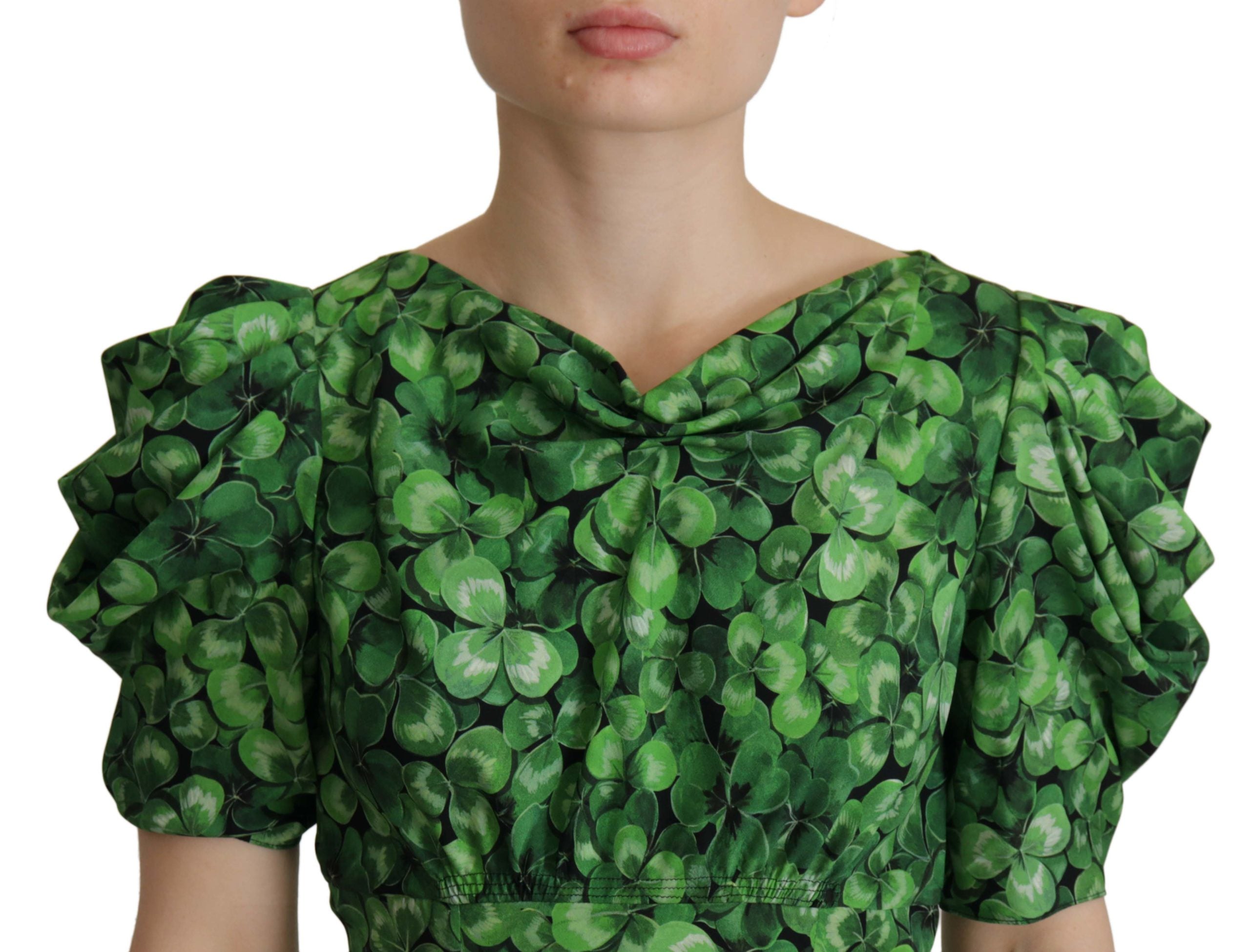 Dolce & Gabbana Green Clover Print Puff Sleeves Top Blouse