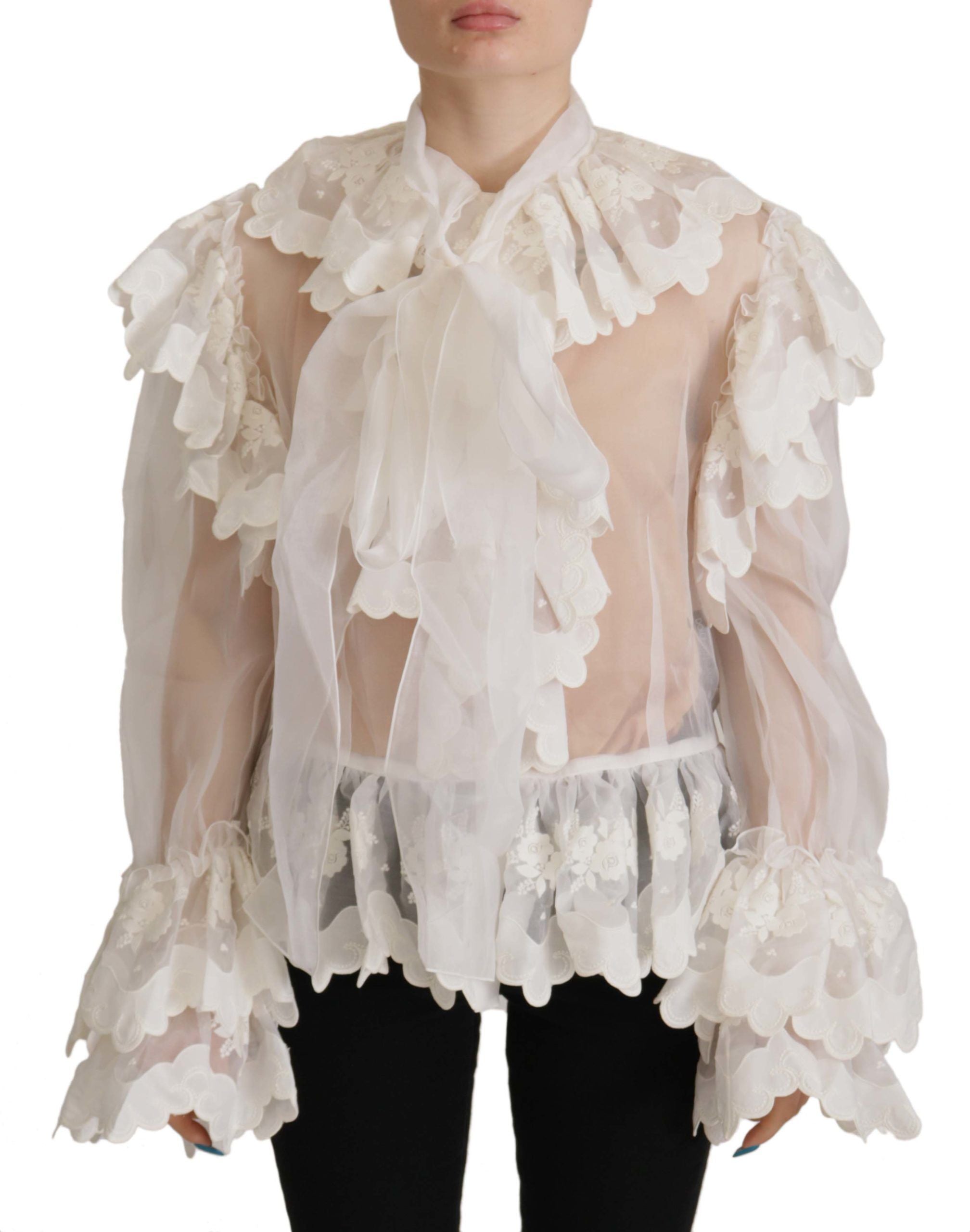 Dolce & Gabbana White Ruffles Lace Long Sleeve Blouse Top